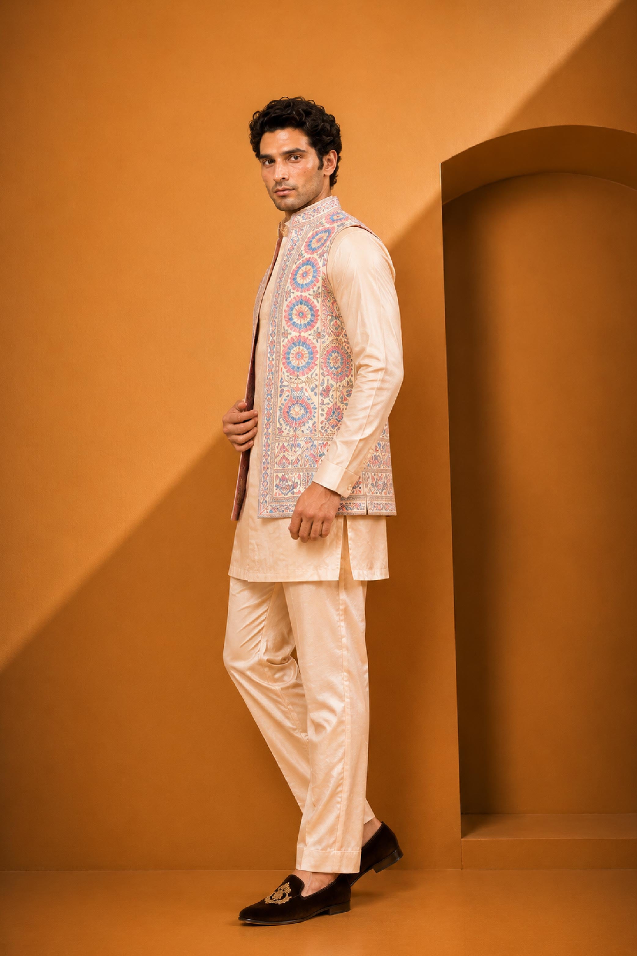 Cream Multi Silk Embroidery Jodhpuri Designer Jacket Kurta Set for Men