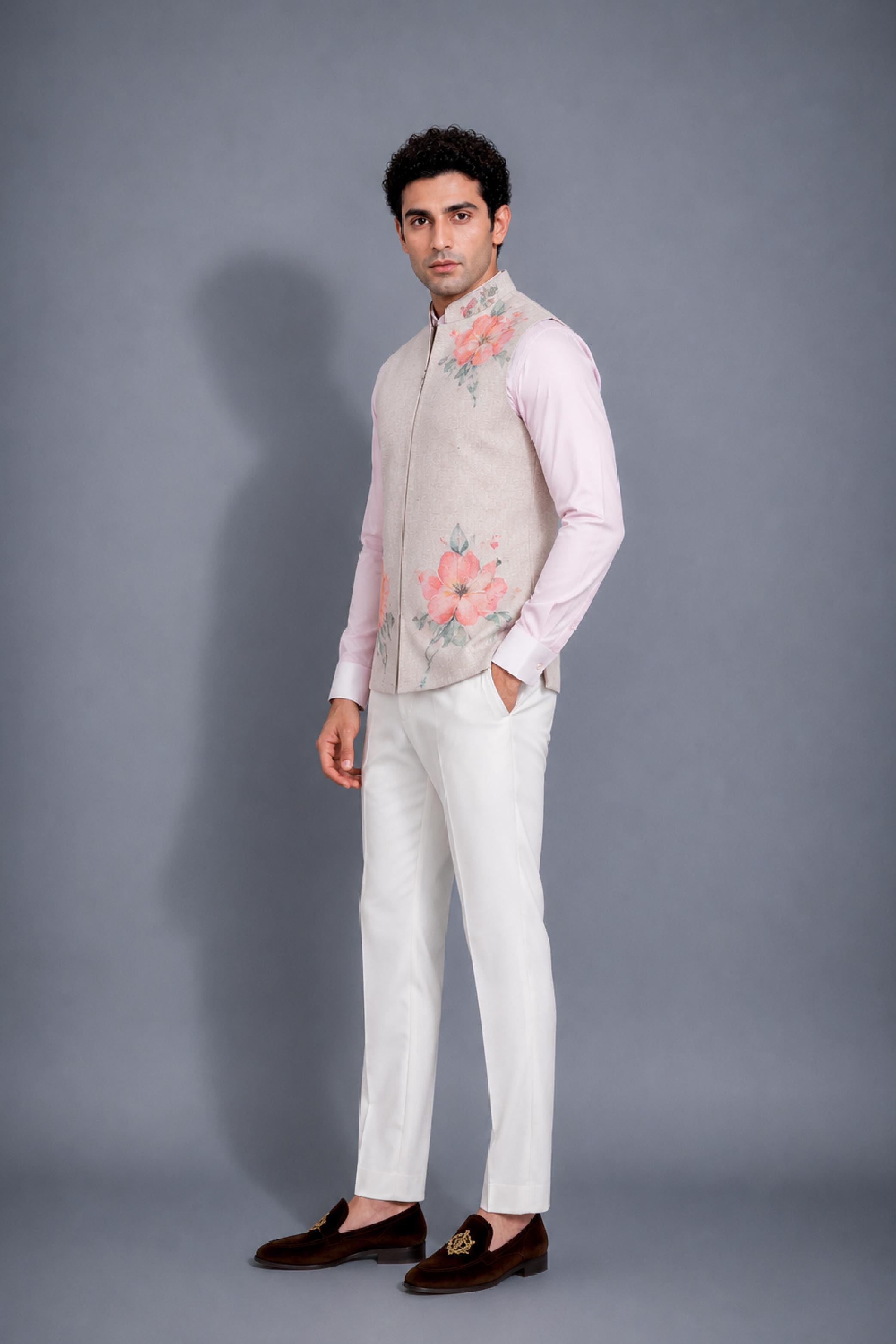 Fawn Peach Jute Print Jodhpuri Designer Waist Coat for Men