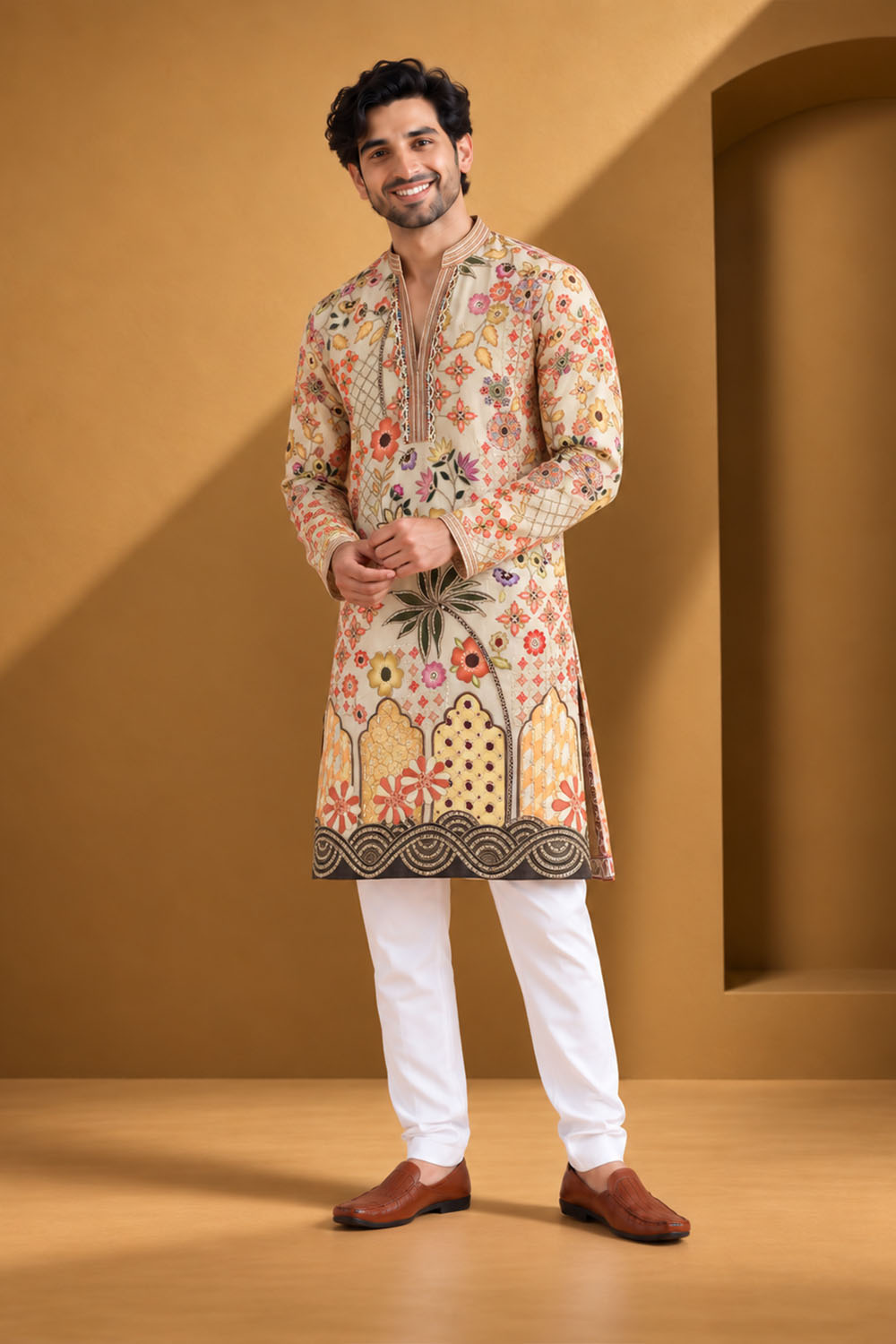 Party Wear Kurta Pajama Cream Multi Color Parallel Pant Style