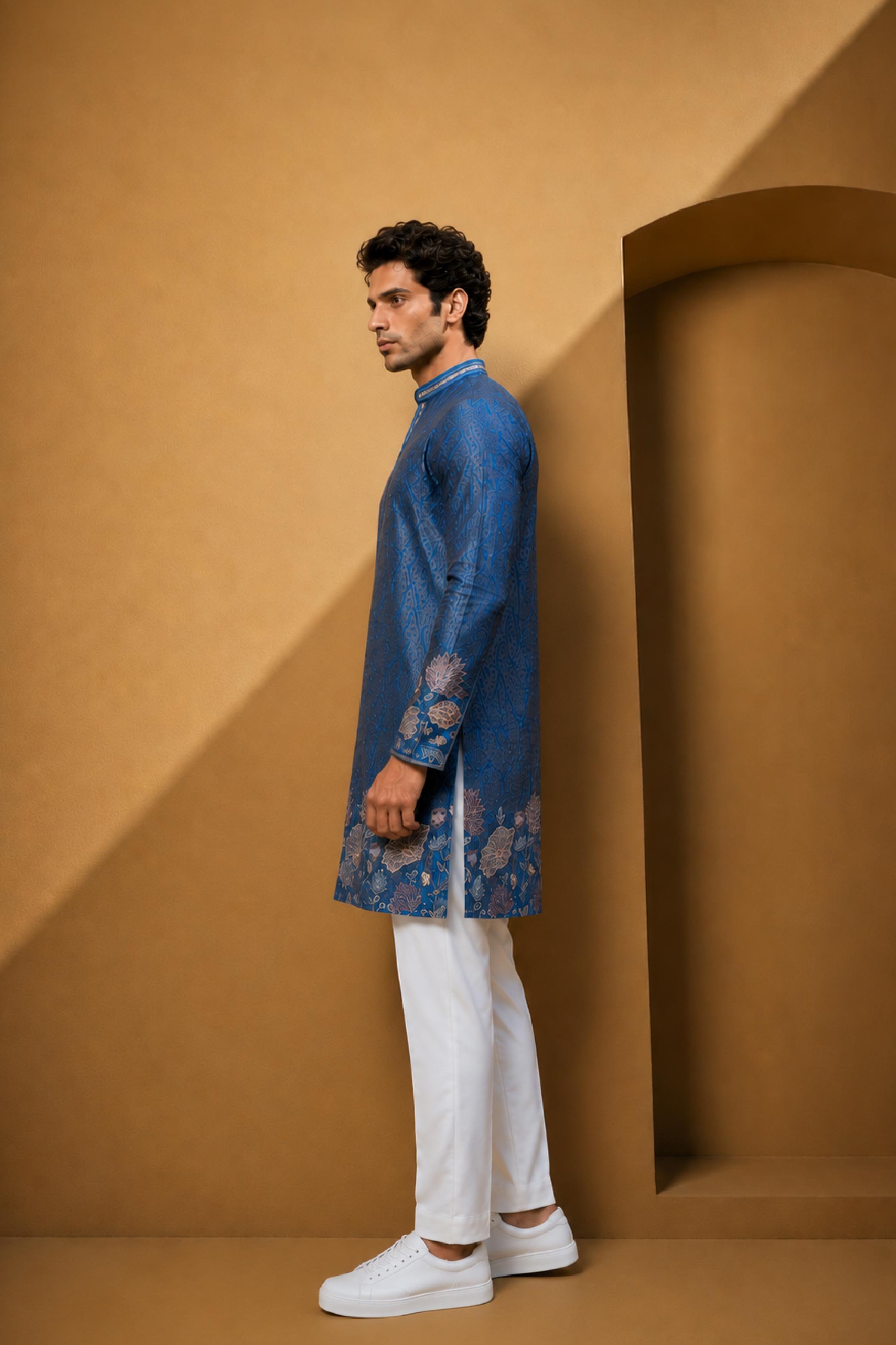 Blue Velvet Embroidery V Neck Designer Kurta Pajama Set for Men