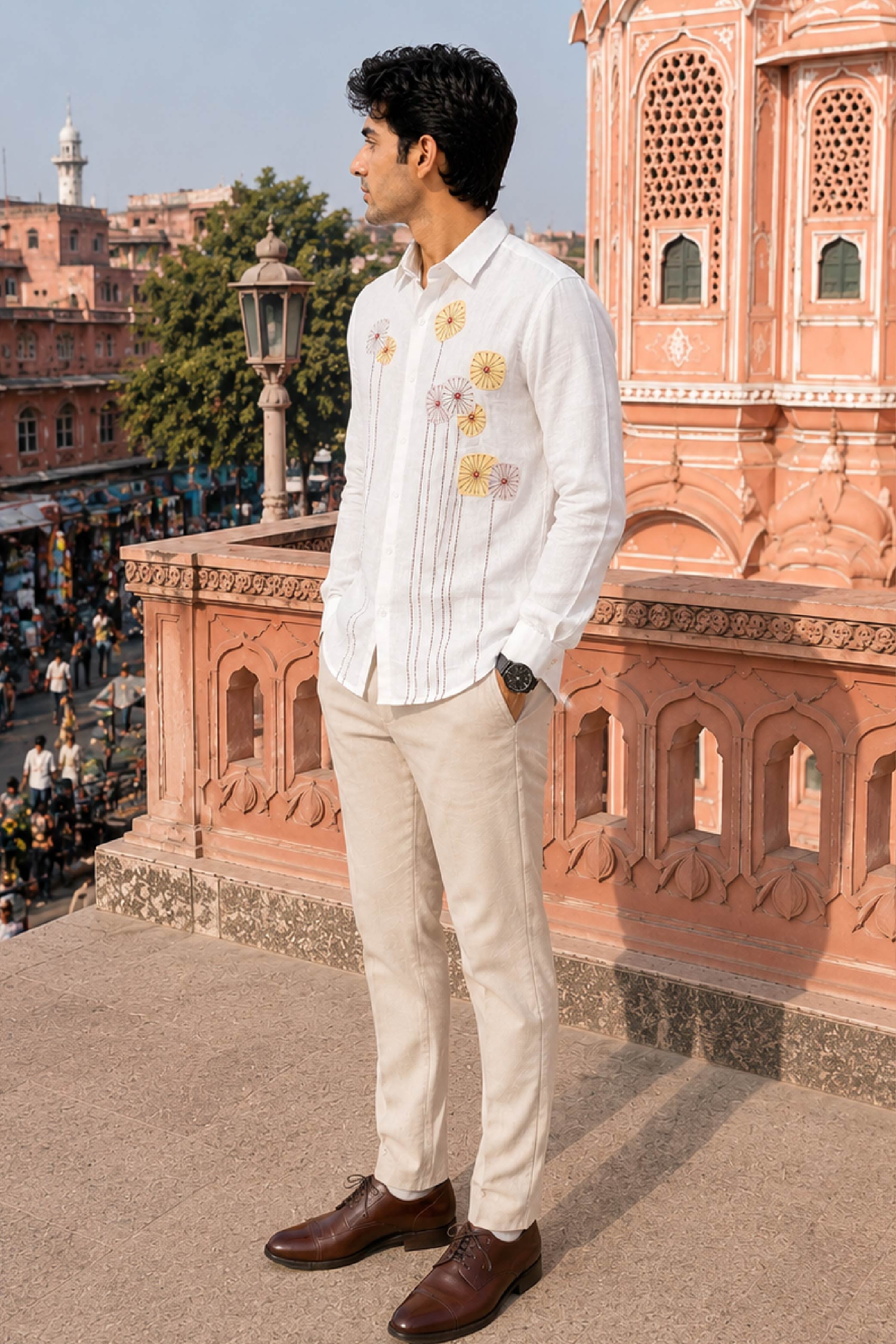 Cream Linen Embroidery Regular Collar Designer FS Shirt for Men