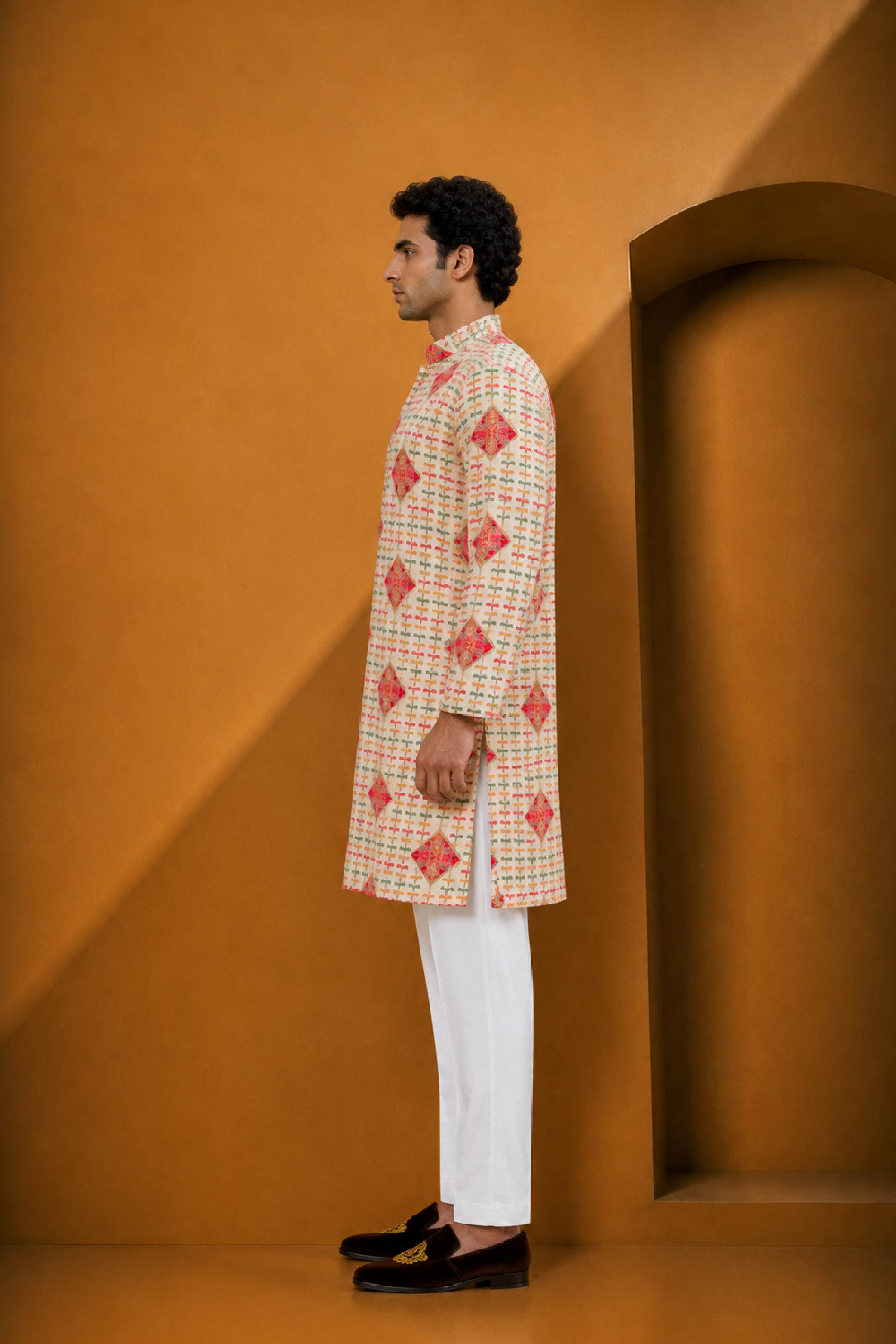 Cream Multi Silk Designer Kurta Pajama Set