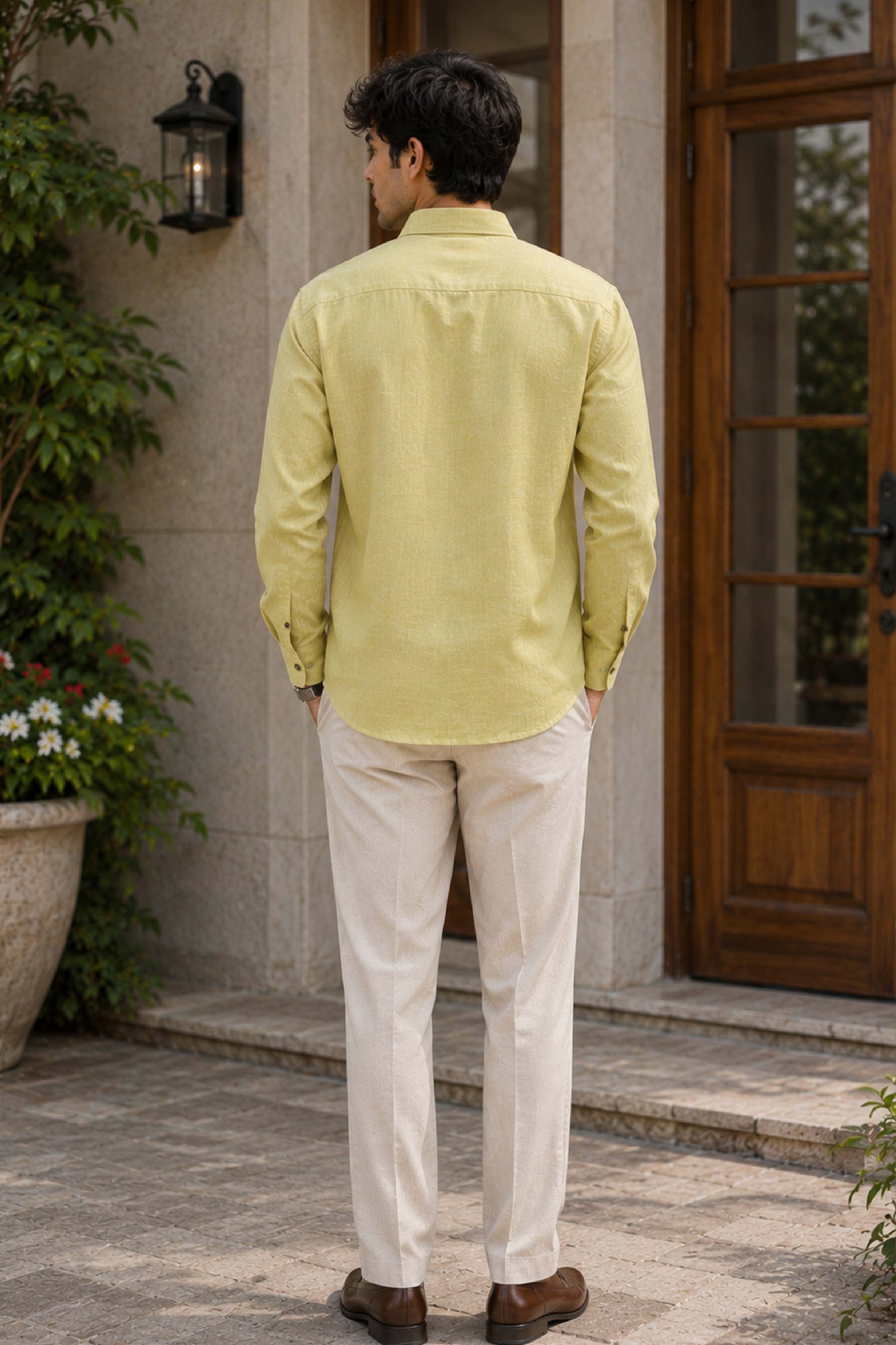 Mustard Linen Embroidery Regular Collar Designer FS Shirt for Men