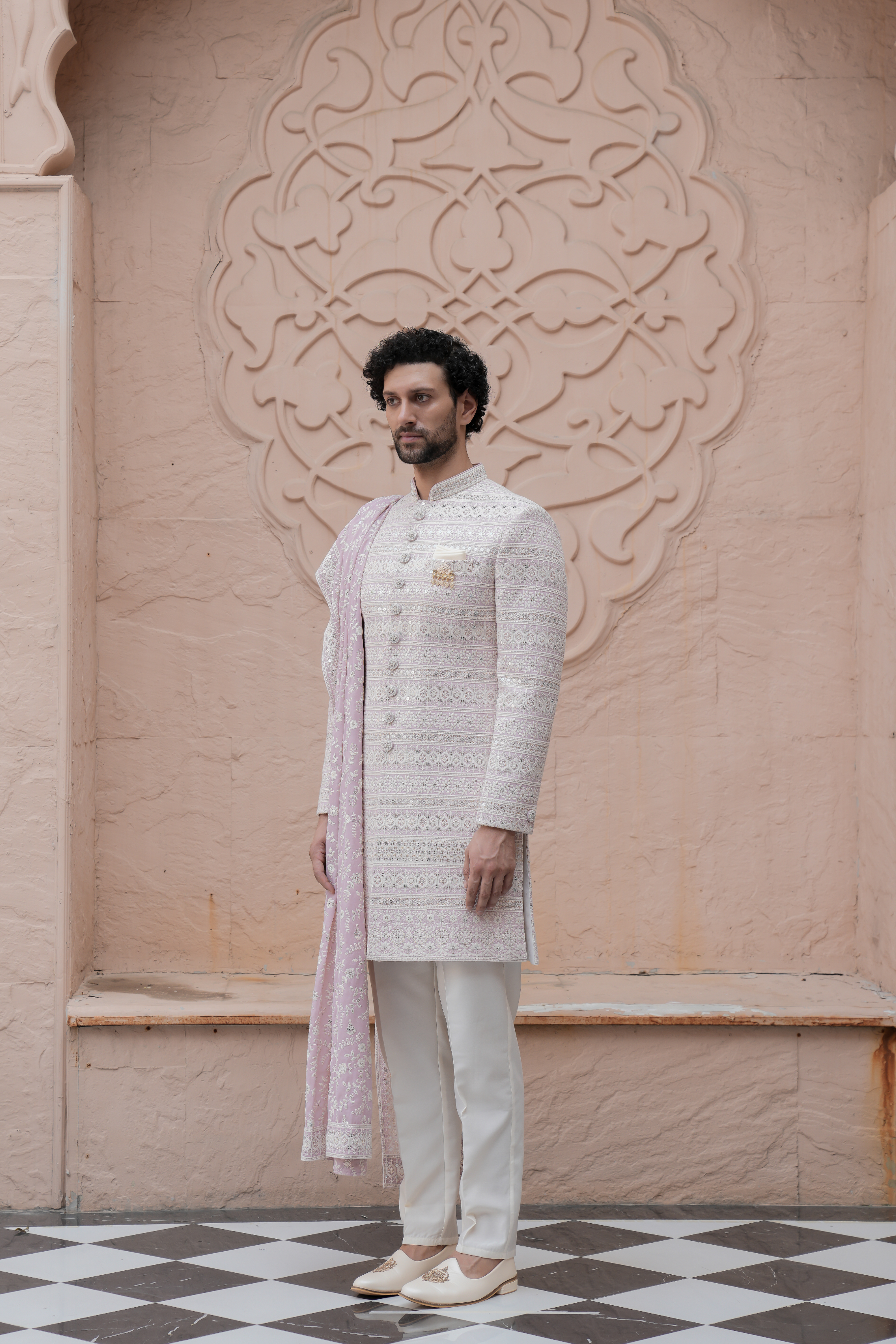 Peach Color Lakhnavi Indo Western Set for Men