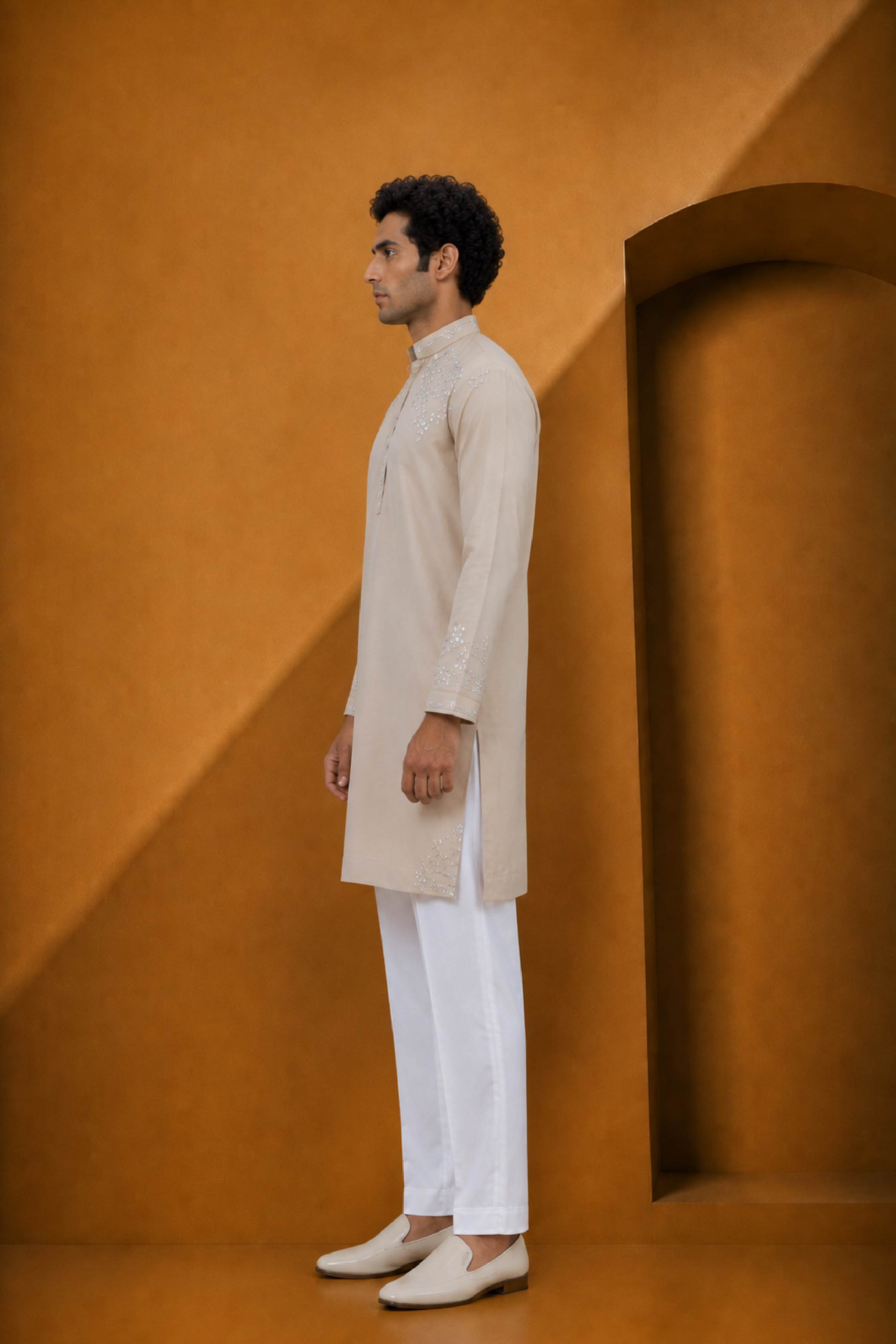 Beige Silk Parallel Pant Kurta Pajama Set