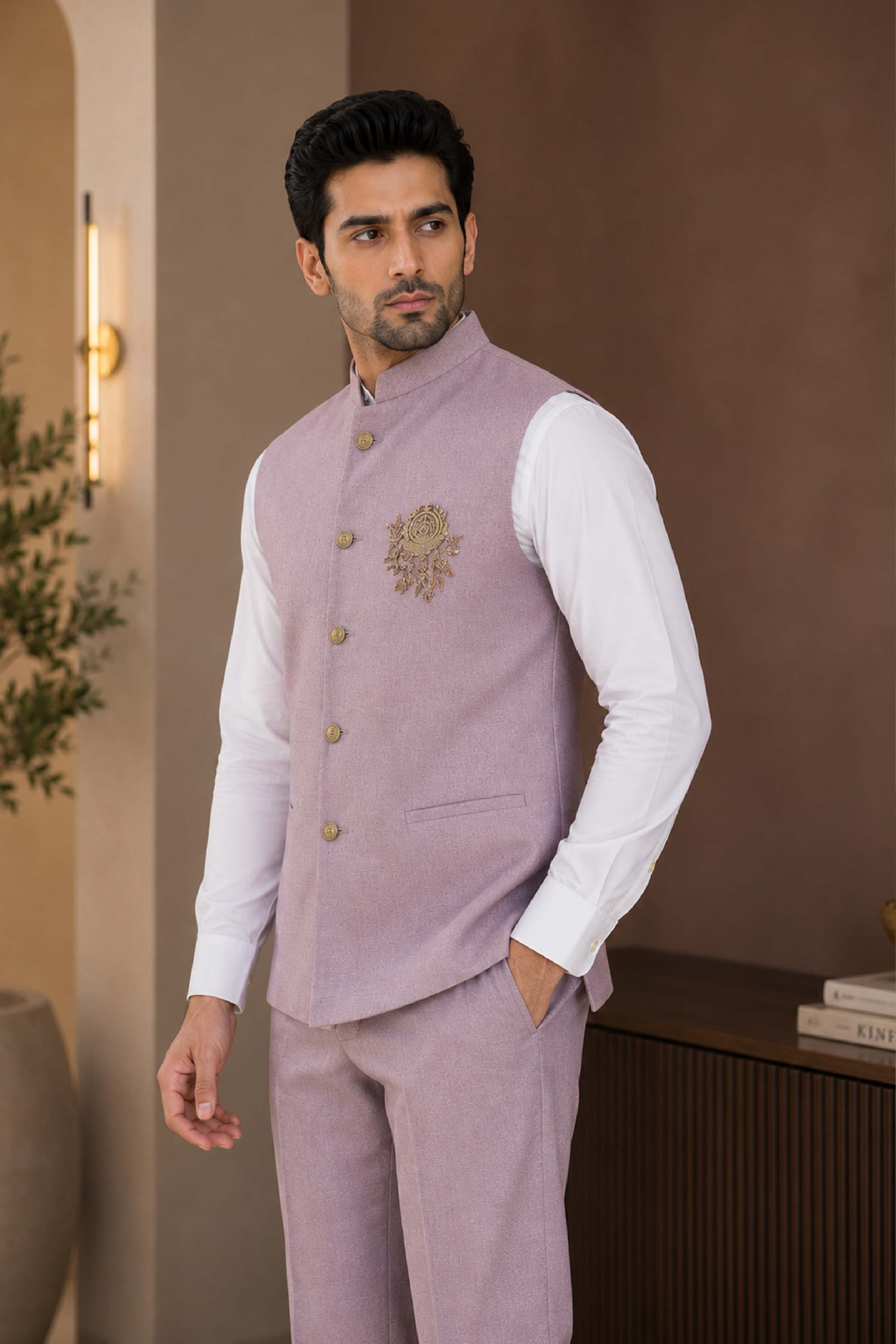 Peach Jute Linen Plain Jodhpuri Designer Summer Suit for Men