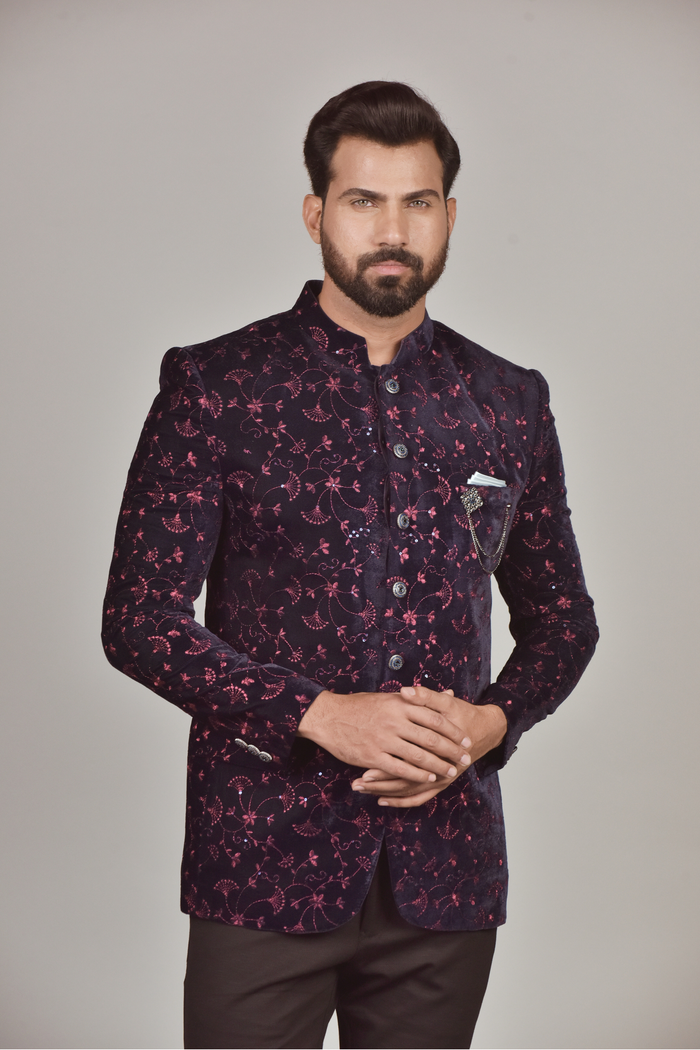 Dupion Silk Jodhpuri Blazer in Navy Blue main image 0
