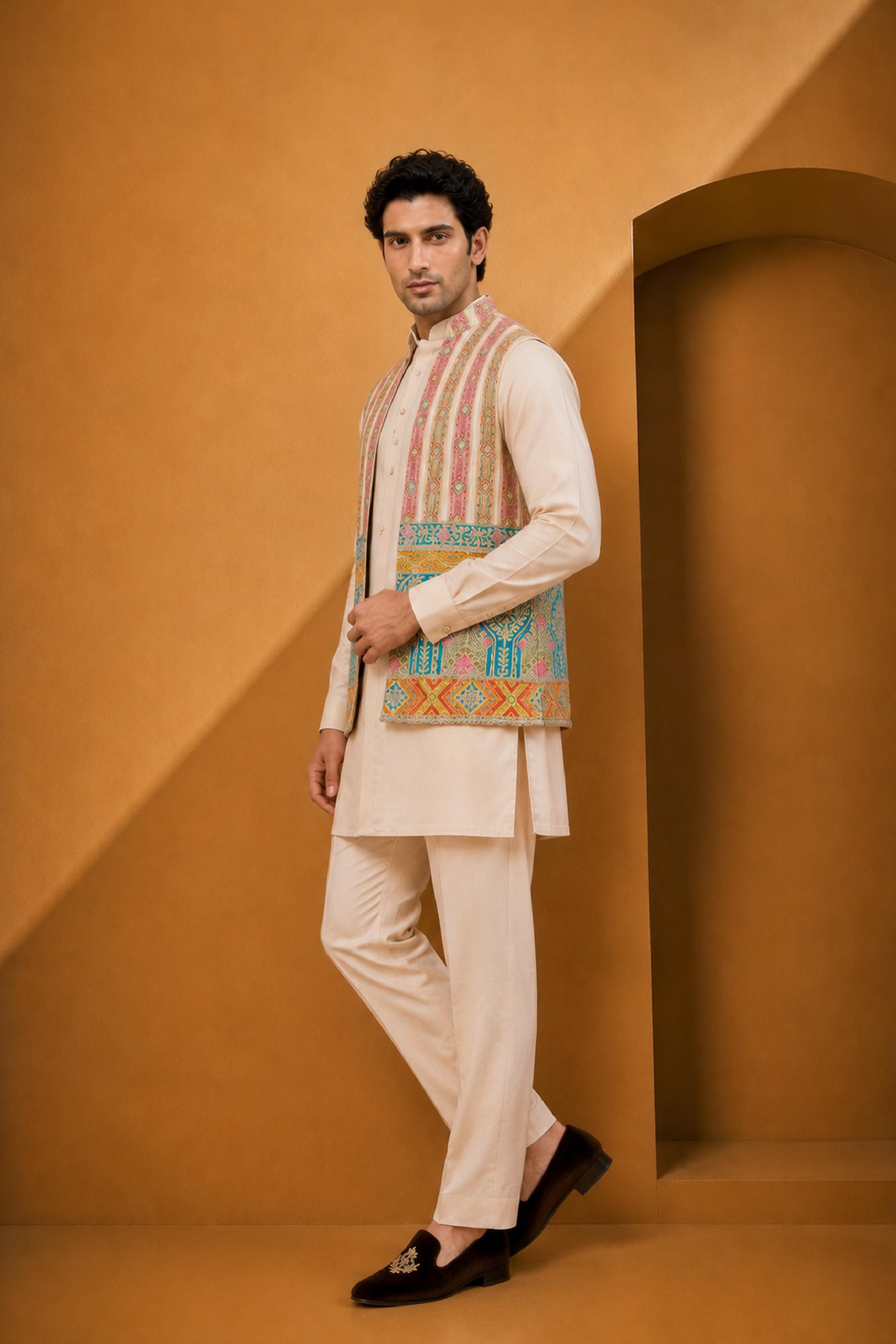 Mustard Silk Embroidery Jodhpuri Designer Jacket Kurta Set for Men