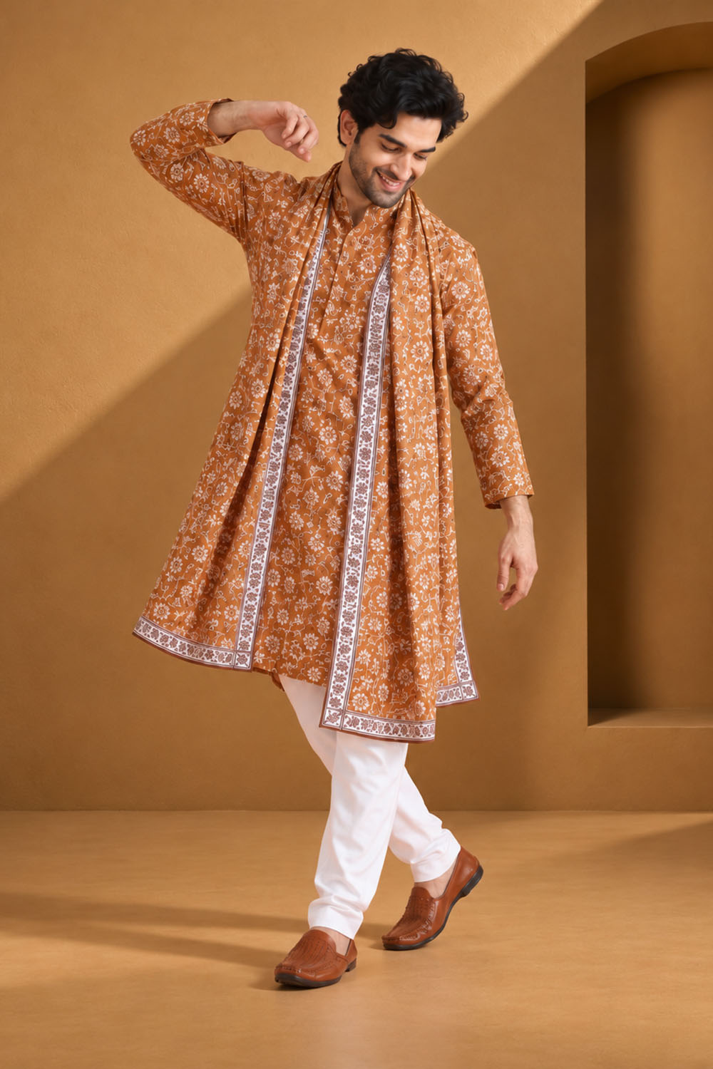 Party Wear Kurta Pajama in Rust with Dupatta