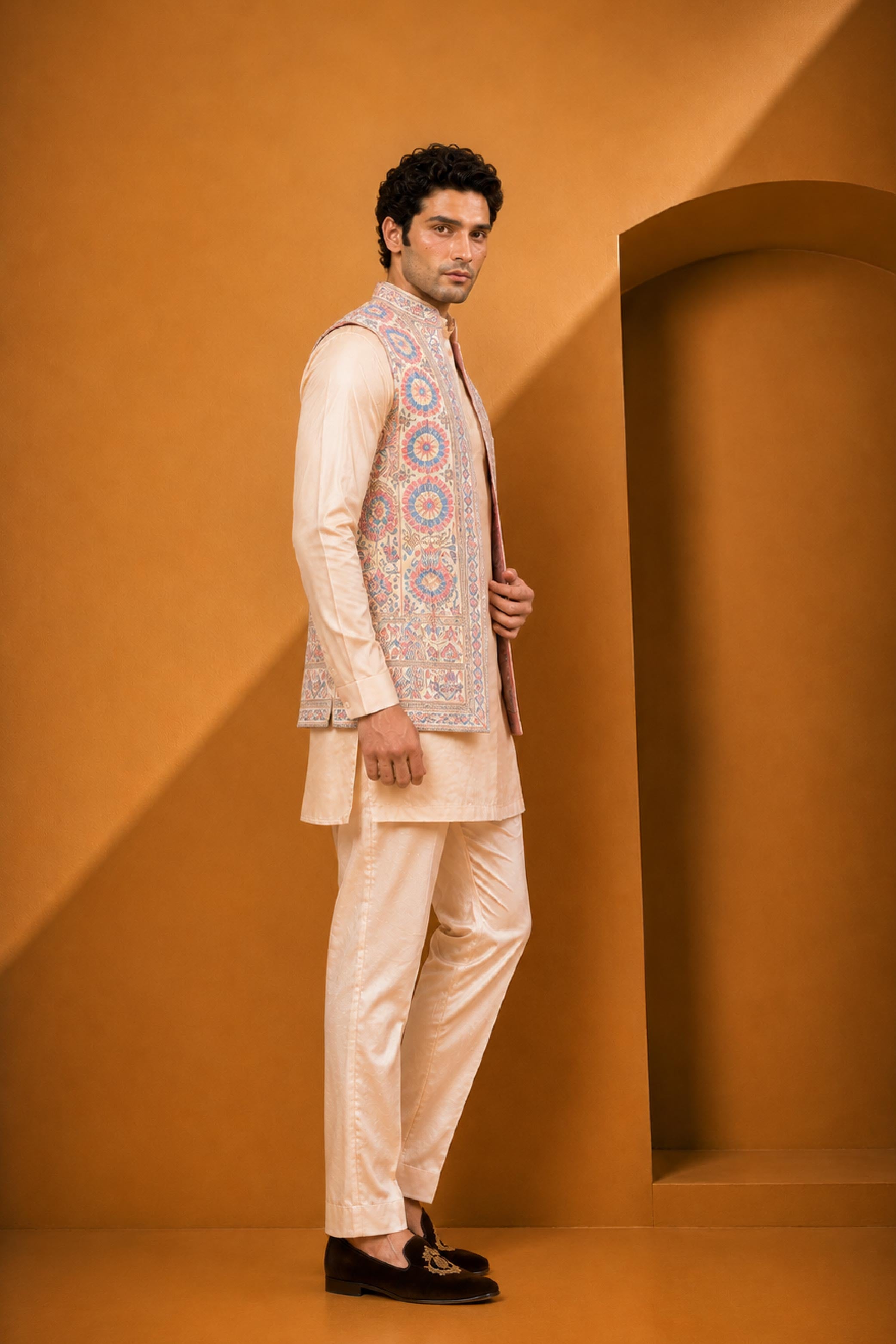 Cream Multi Silk Embroidery Jodhpuri Designer Jacket Kurta Set for Men