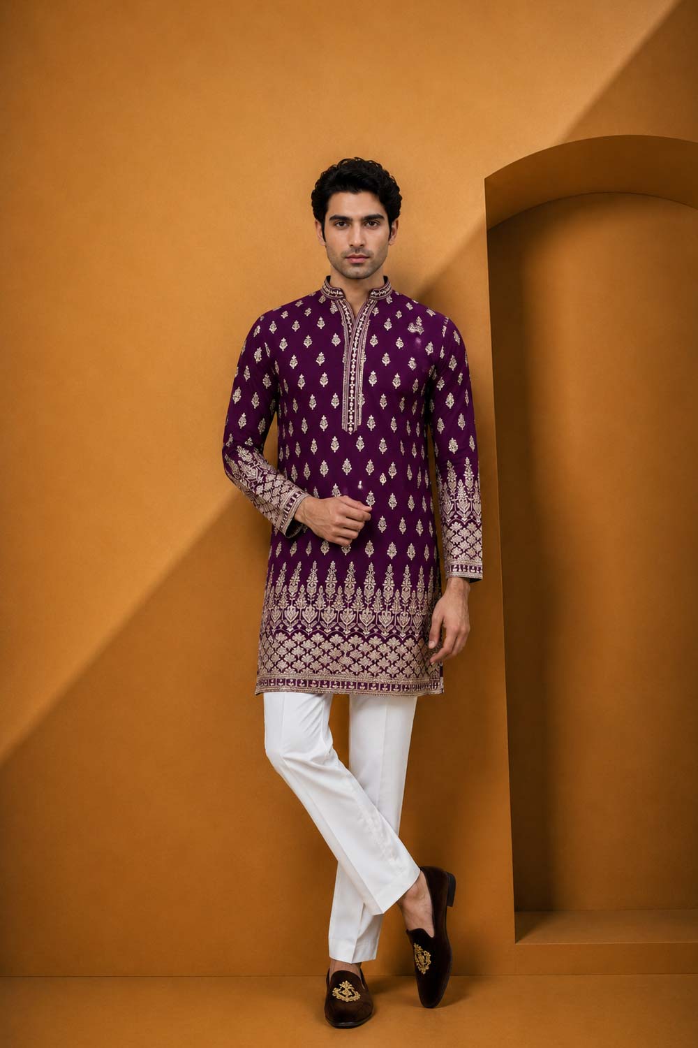 Wine Velvet Embroidery V Neck Designer Kurta Pajama Set for Men