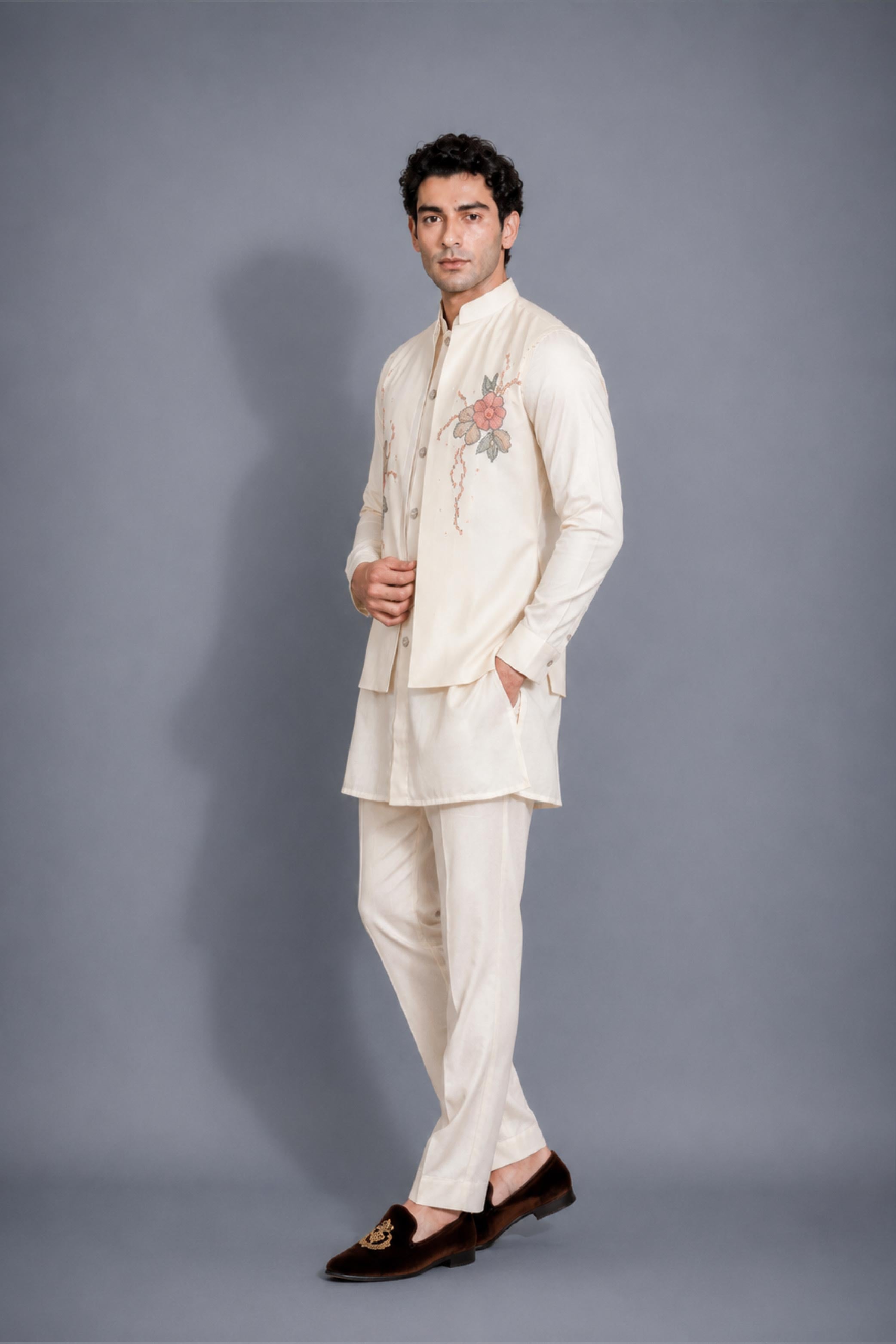 Cream Silk Embroidery Jodhpuri Designer Jacket Kurta Set for Men