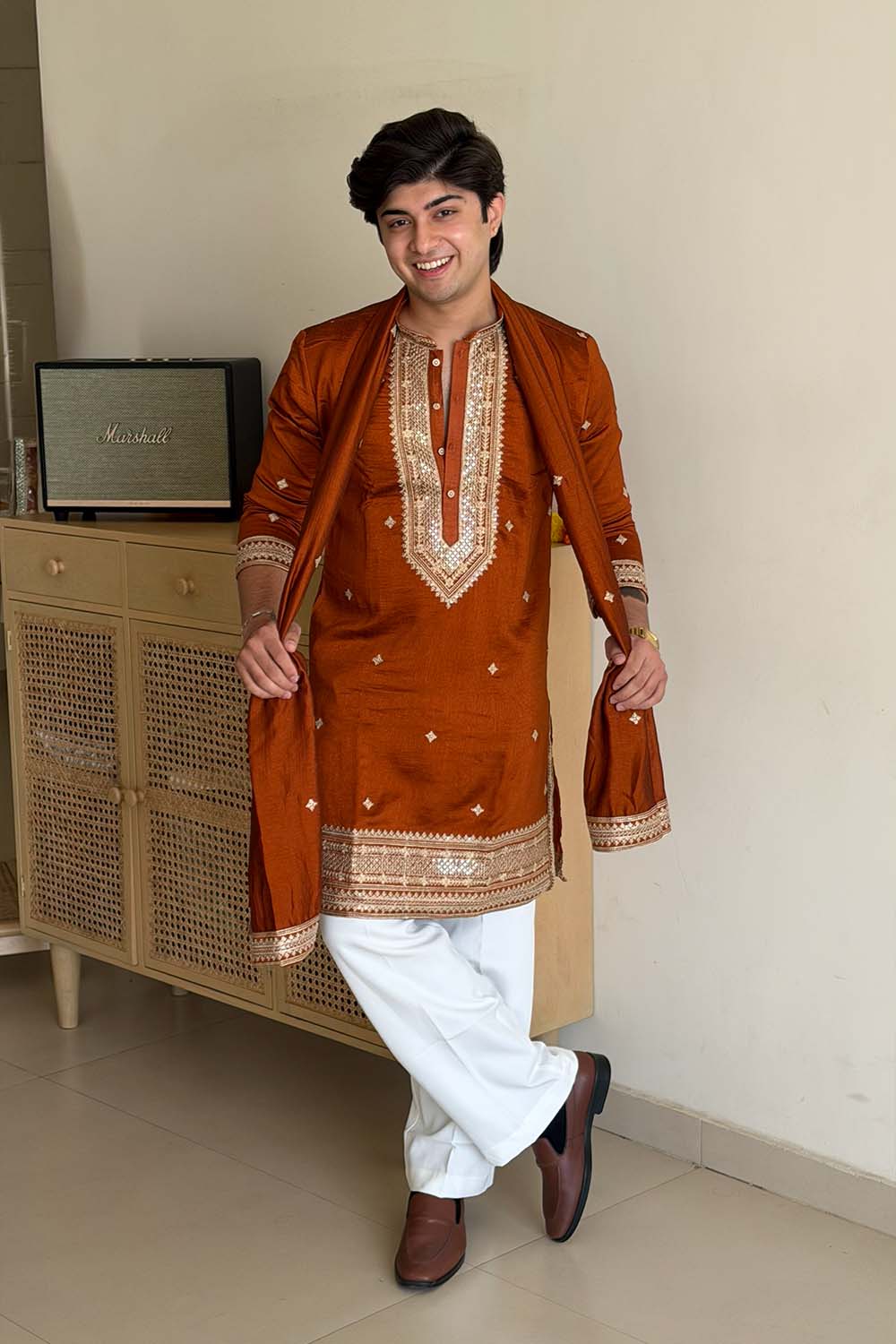 Party Wear Kurta Pajama Brown Color Parallel Pant Style