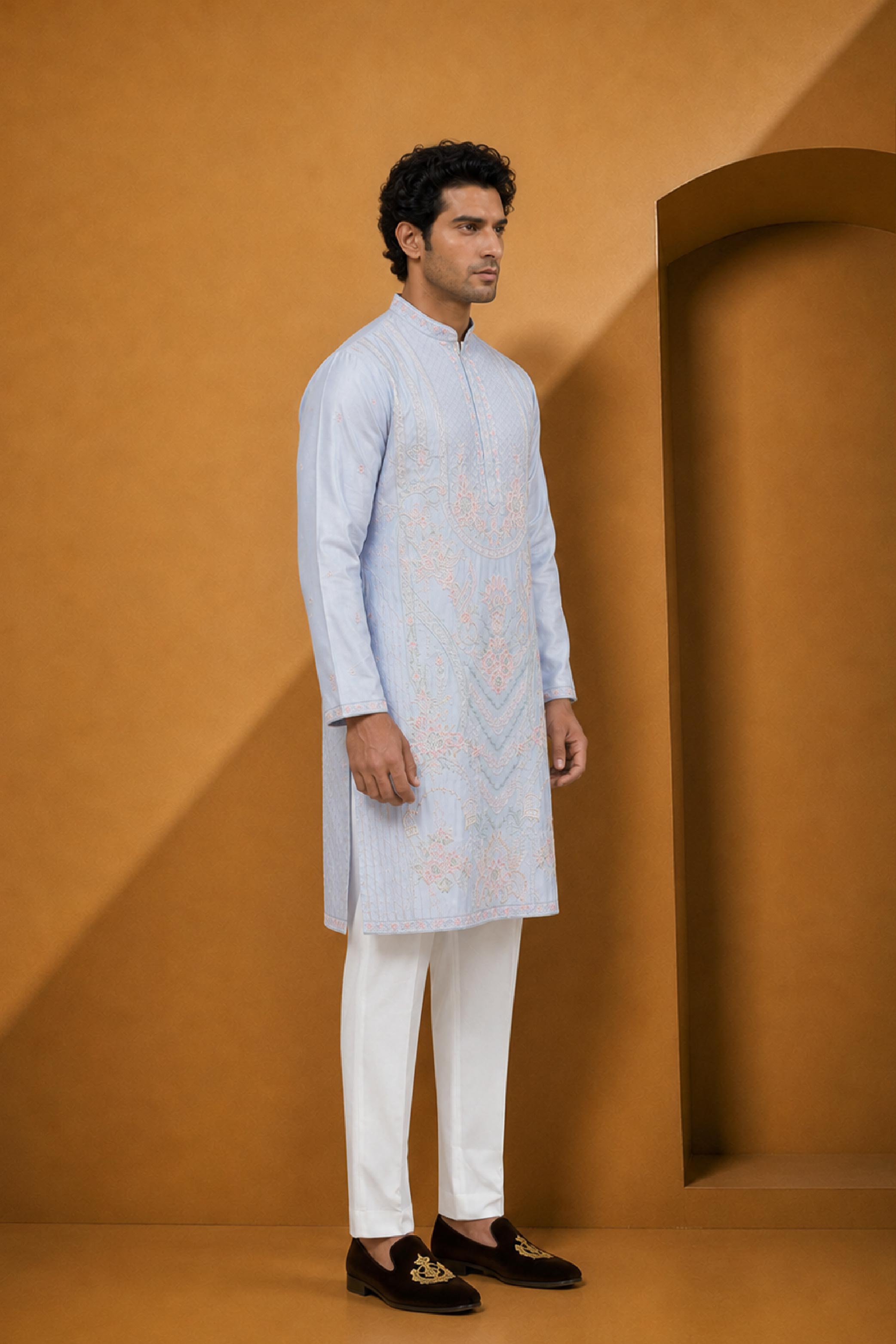 P Blue Silk Designer Kurta Pajama Set
