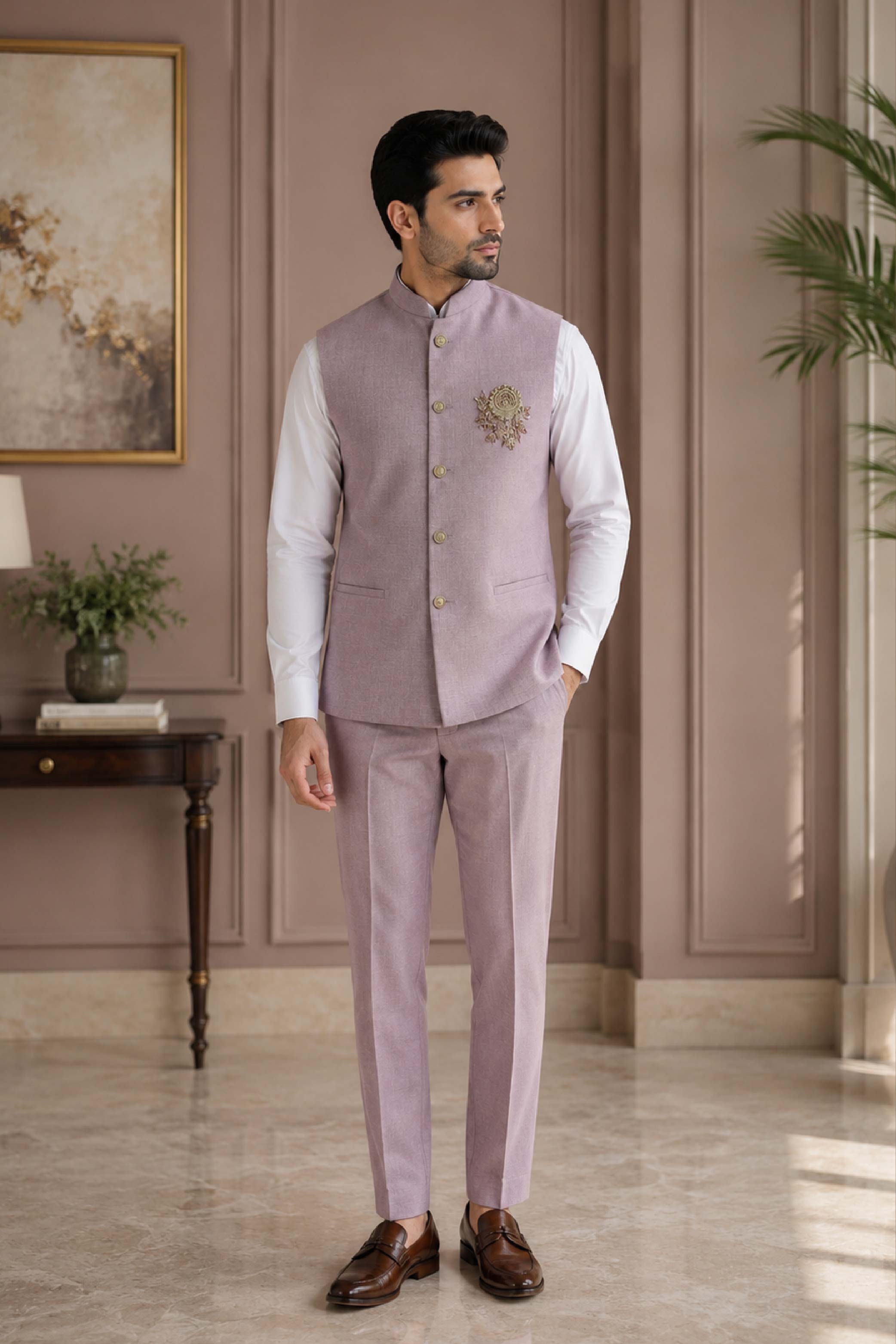 Peach Jute Linen Plain Jodhpuri Designer Summer Suit for Men