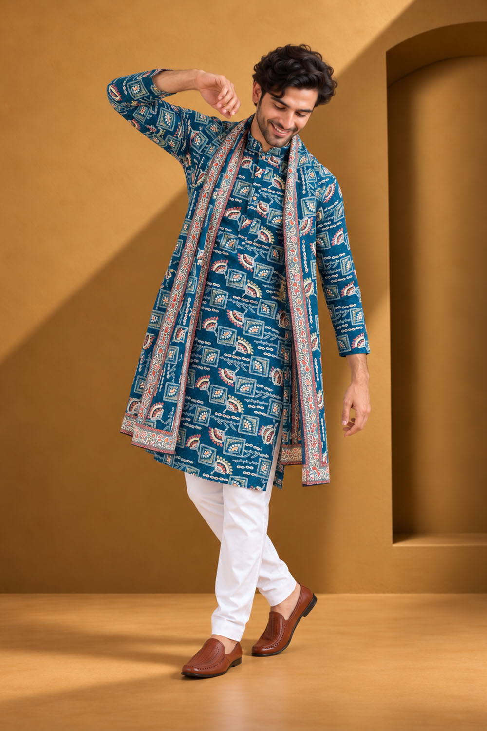 Party Wear Kurta Pajama in Ferozi Embroidery with Dupatta