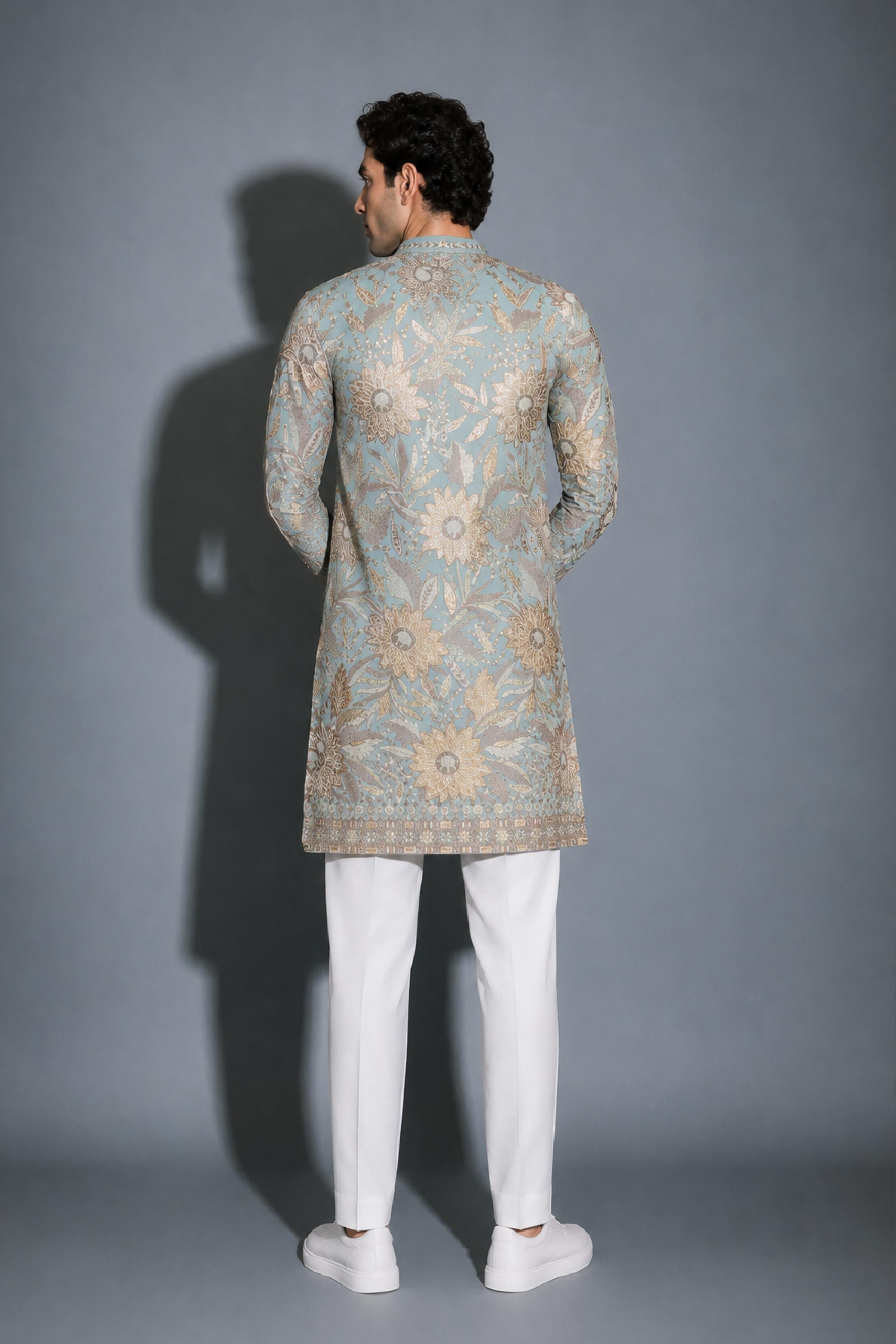Aqua Shifon Embroidery V Neck Kurta Pajama Set for Men