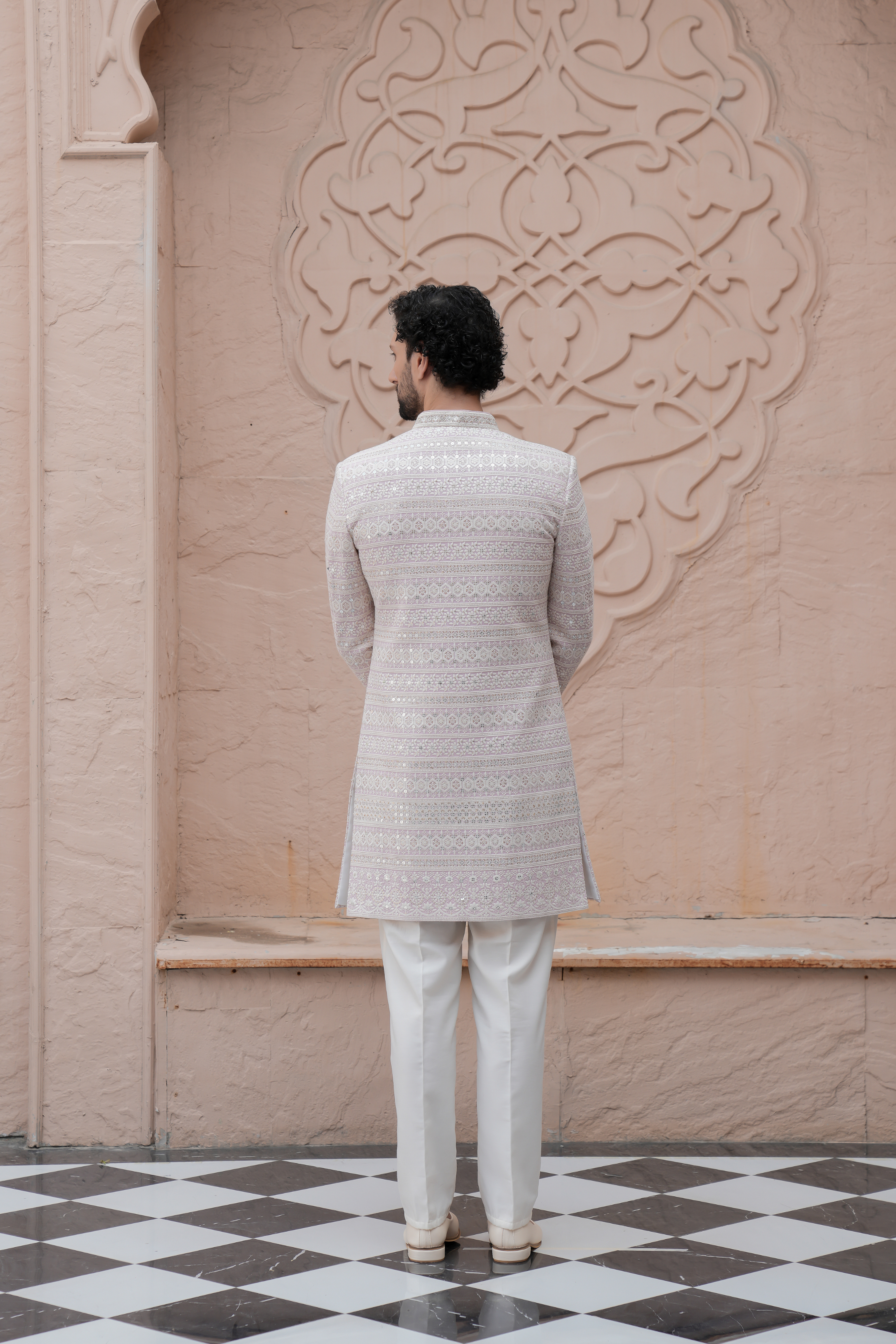 Peach Color Lakhnavi Indo Western Set for Men