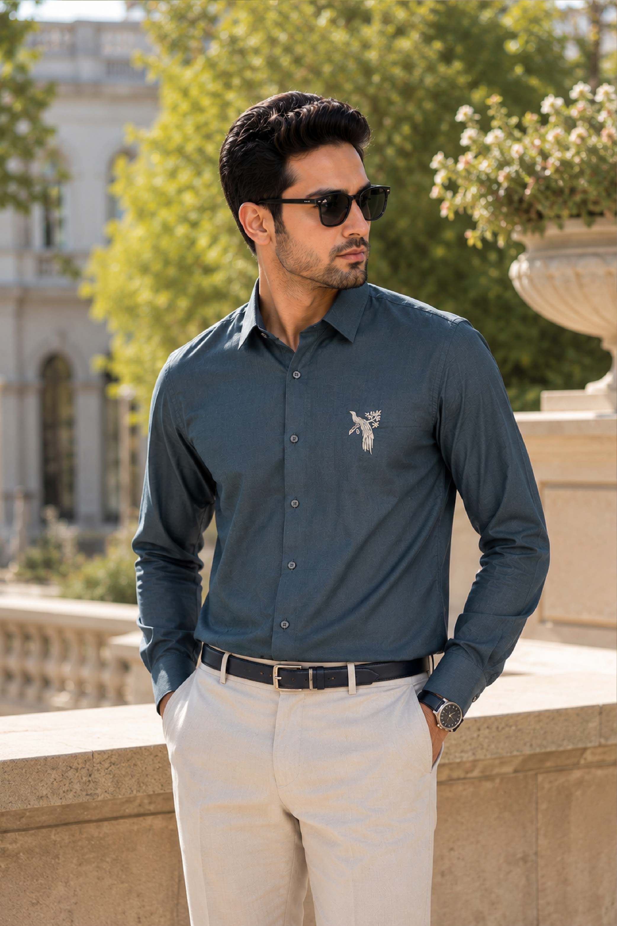 Green Linen Embroidery Regular Collar Designer FS Shirt for Men
