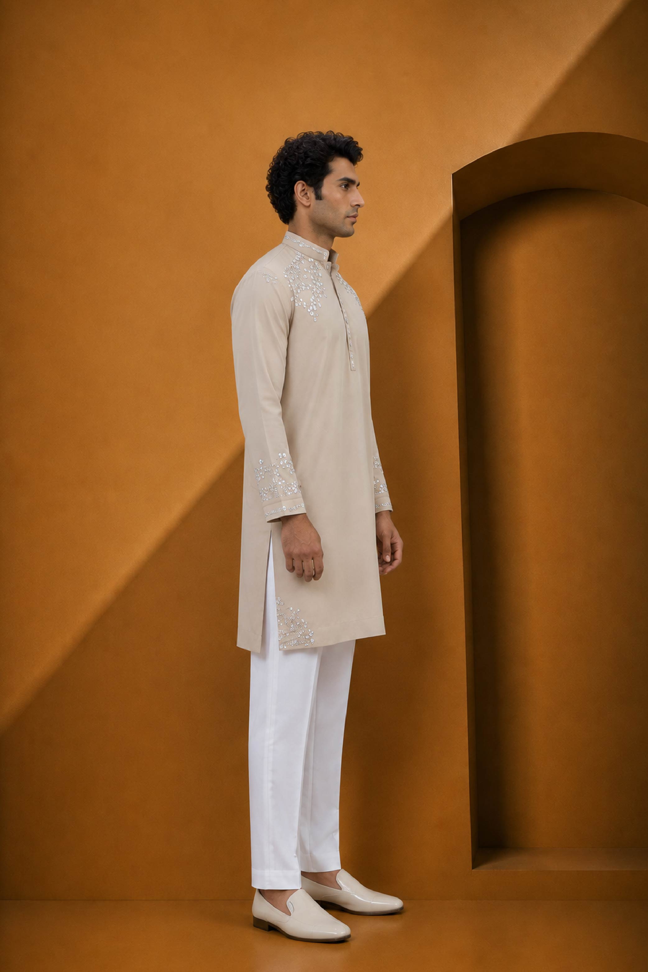 Beige Silk Parallel Pant Kurta Pajama Set