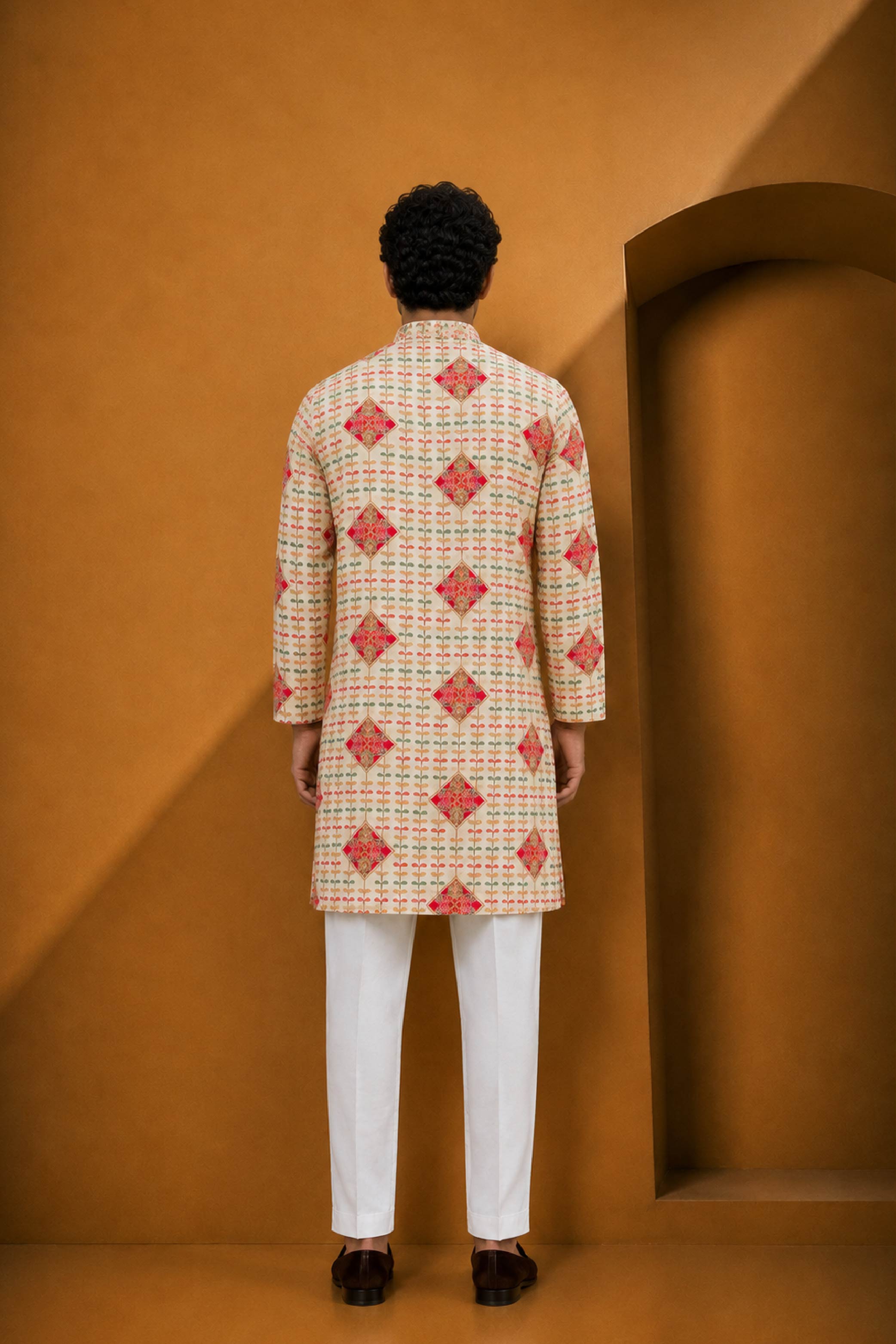 Cream Multi Silk Designer Kurta Pajama Set