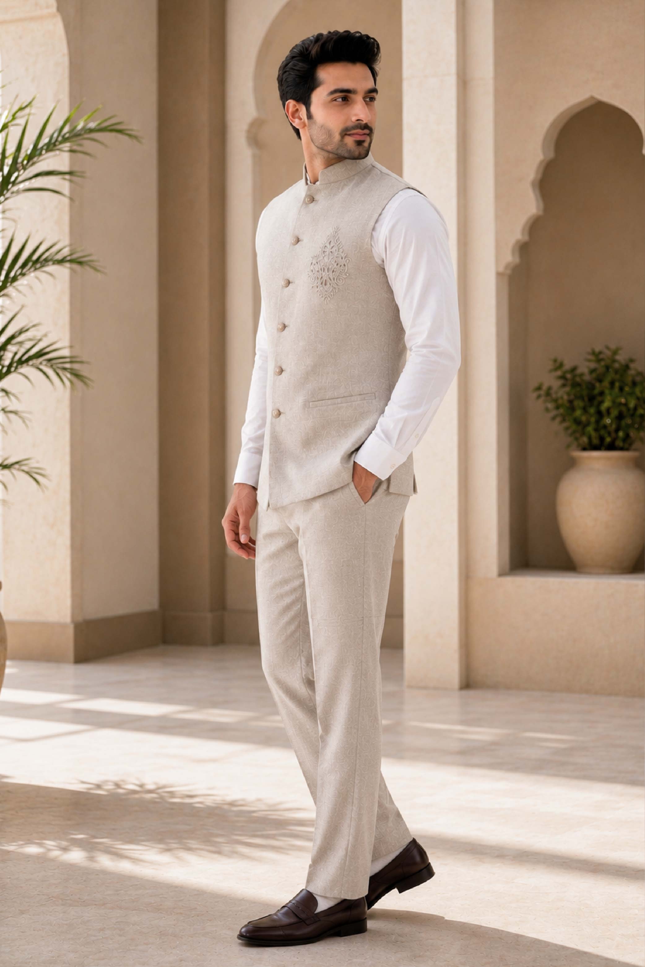 Fawn Jute Linen Plain Jodhpuri Designer Summer Suit for Men