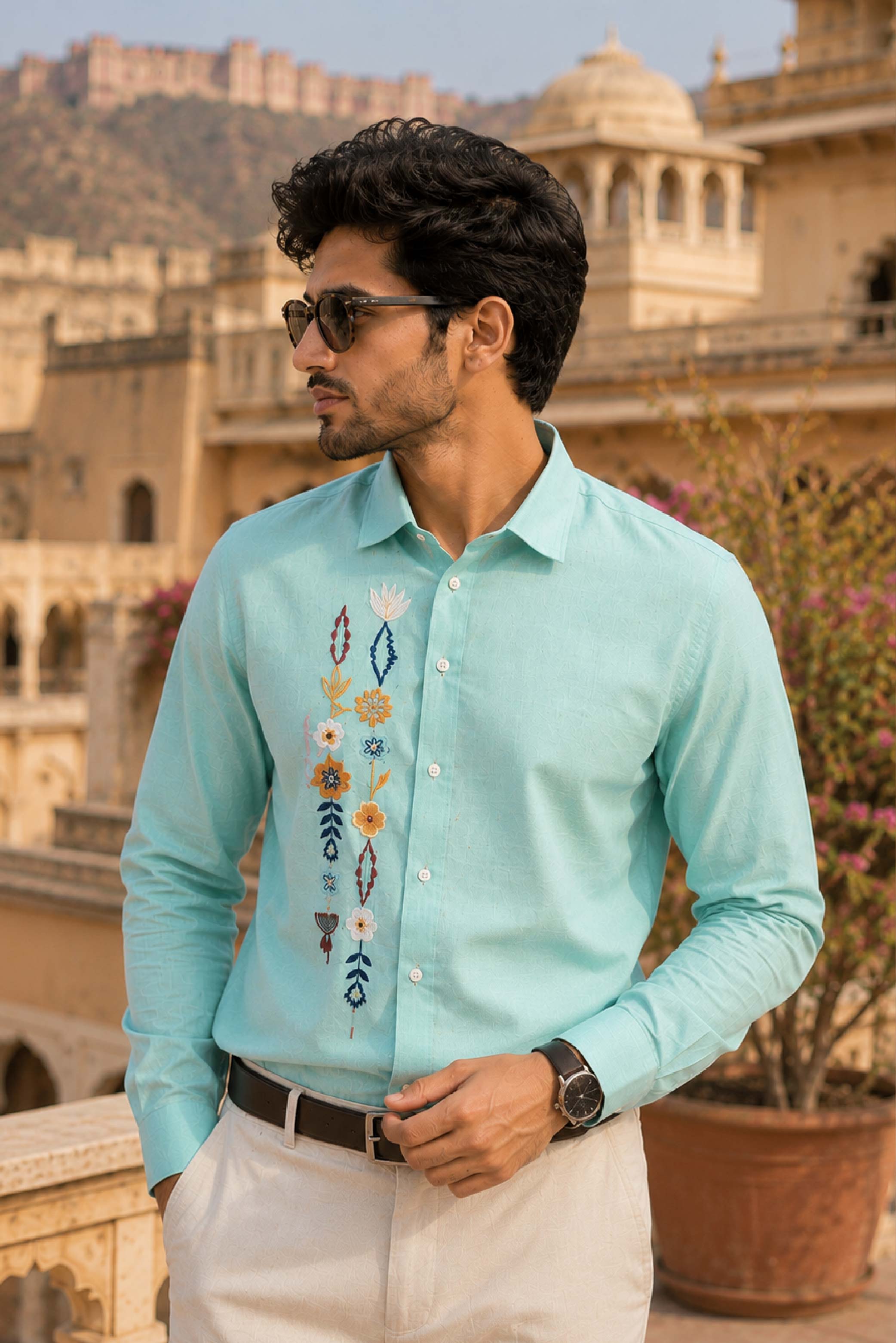 C Green Linen Embroidery Regular Collar Designer FS Shirt for Men