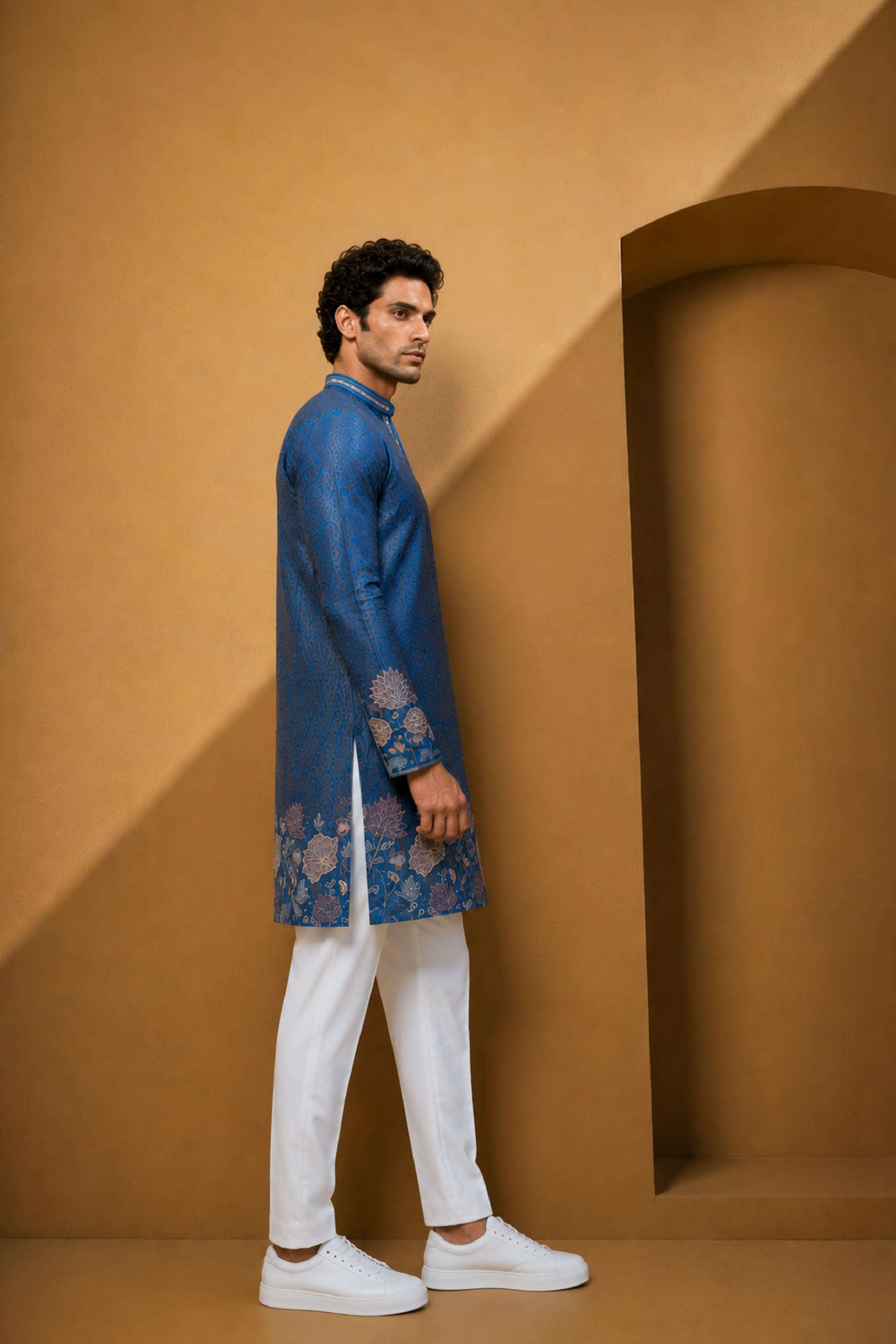 Blue Velvet Embroidery V Neck Designer Kurta Pajama Set for Men