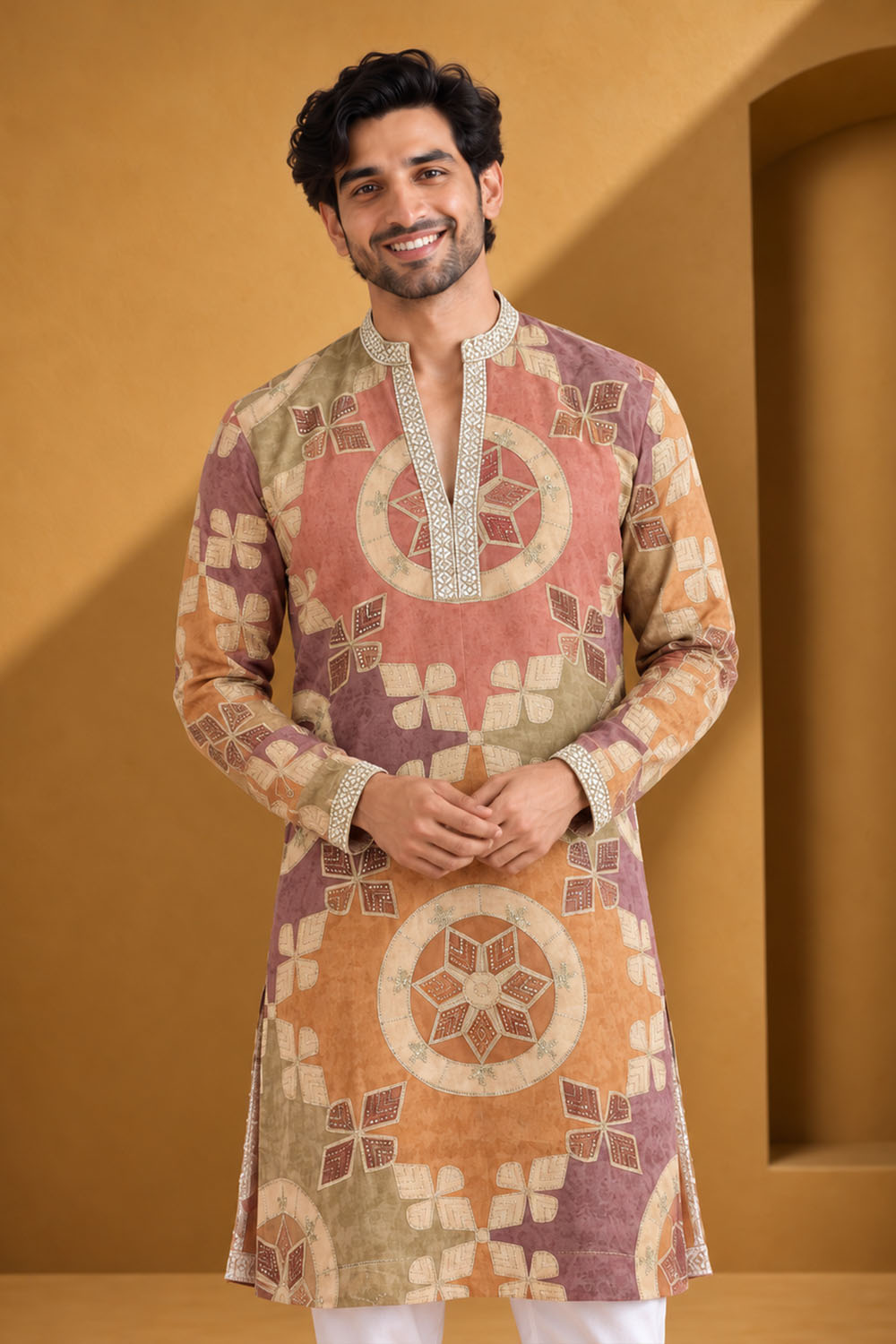 Party Wear Kurta Pajama in Onion Multi with Parallel Pant