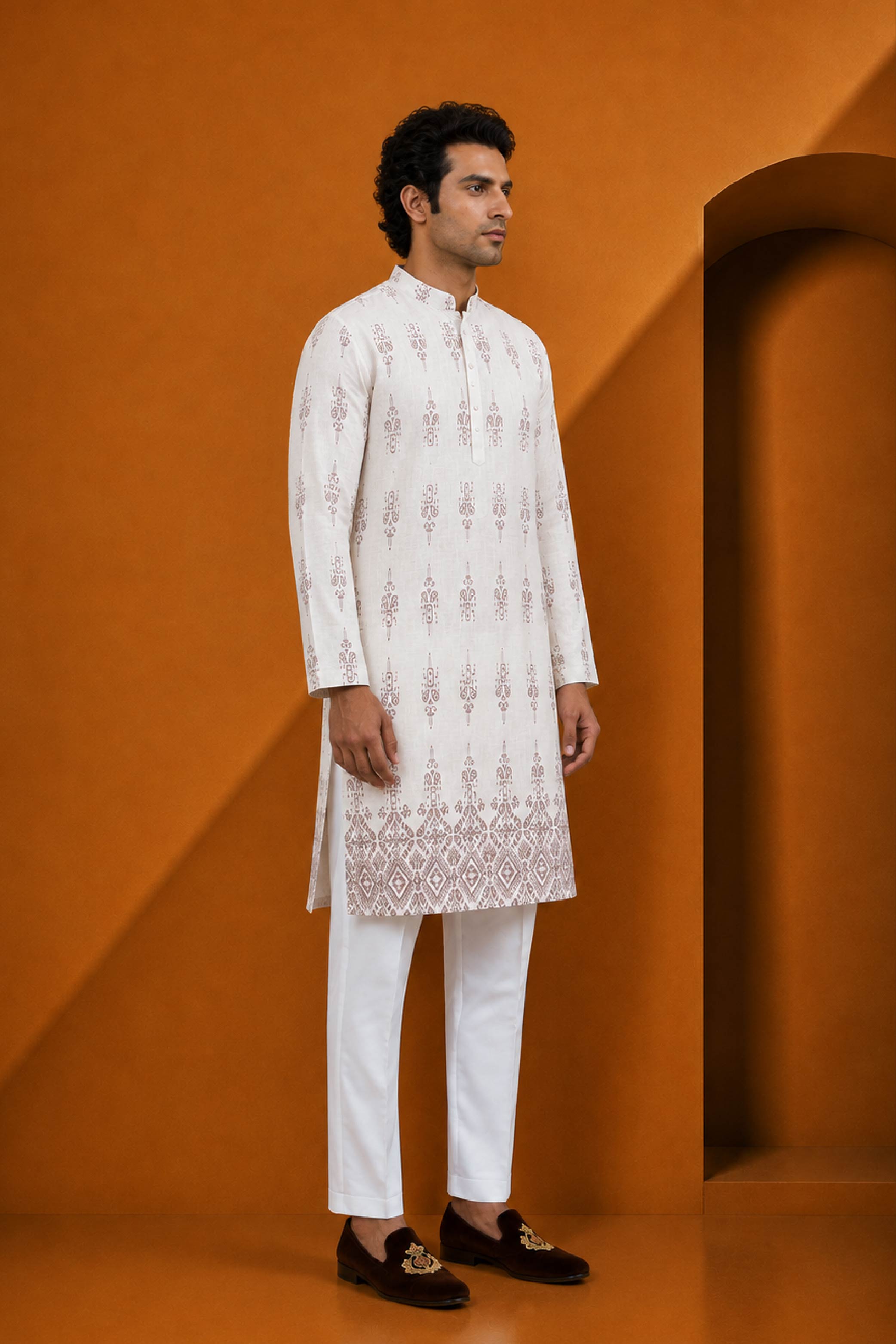 Fawn Green Linen Designer Kurta Pajama Set