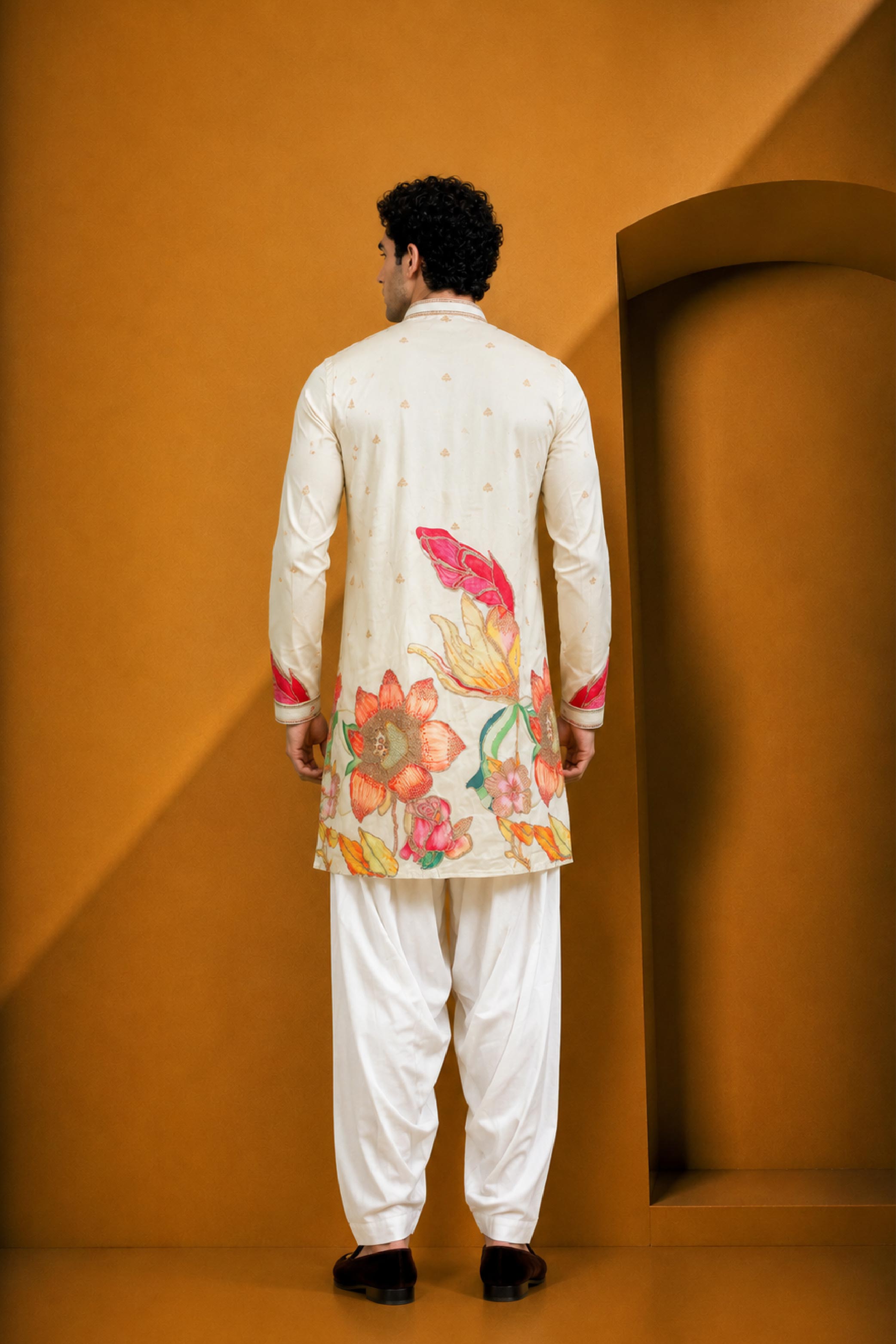 Cream Multi Silk Embroidery Jodhpuri Afghani Kurta Pajama Set for Men