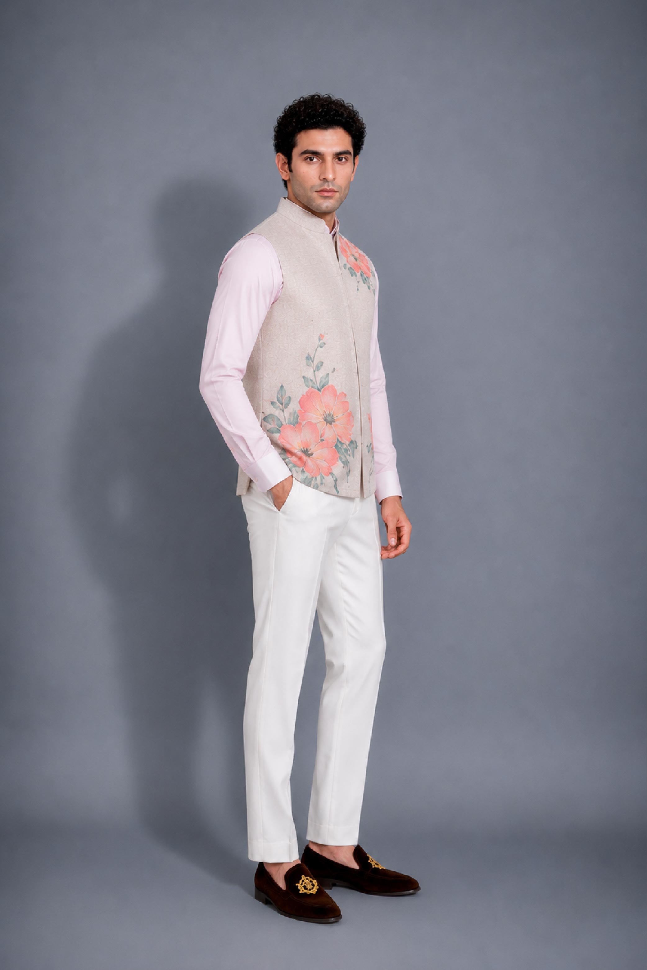 Fawn Peach Jute Print Jodhpuri Designer Waist Coat for Men