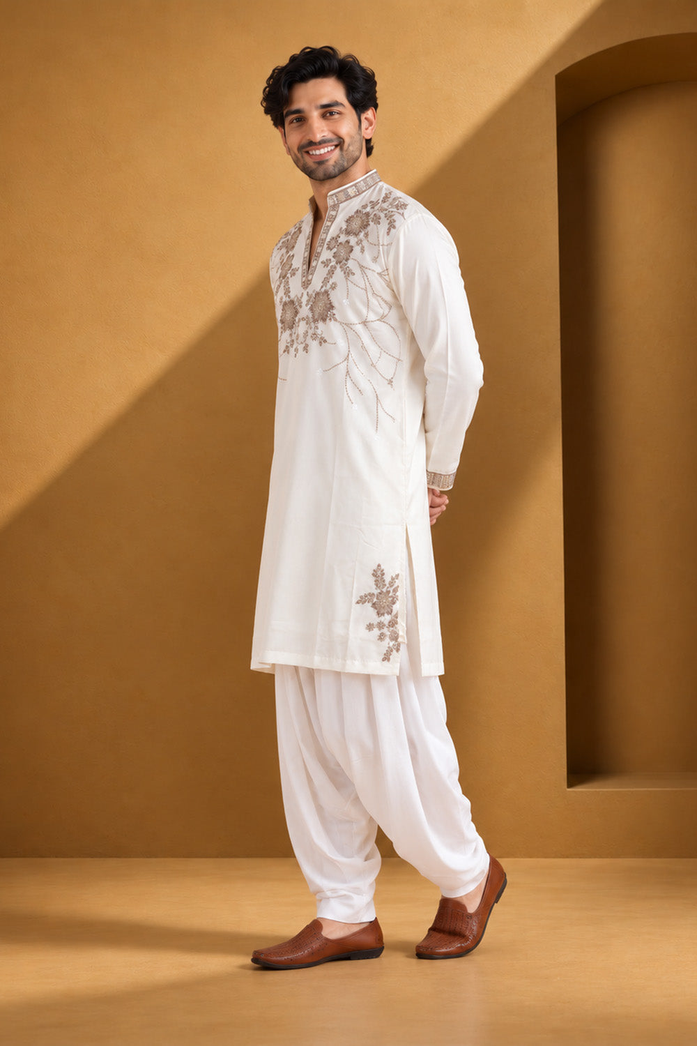 Party Wear Kurta Pajama in Camel Designer Style