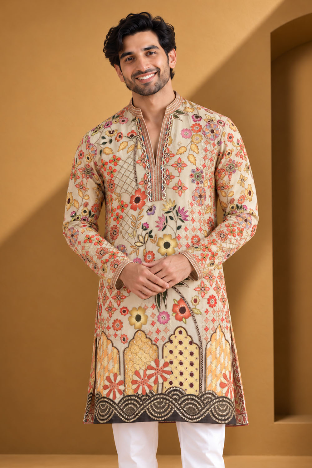 Party Wear Kurta Pajama Cream Multi Color Parallel Pant Style