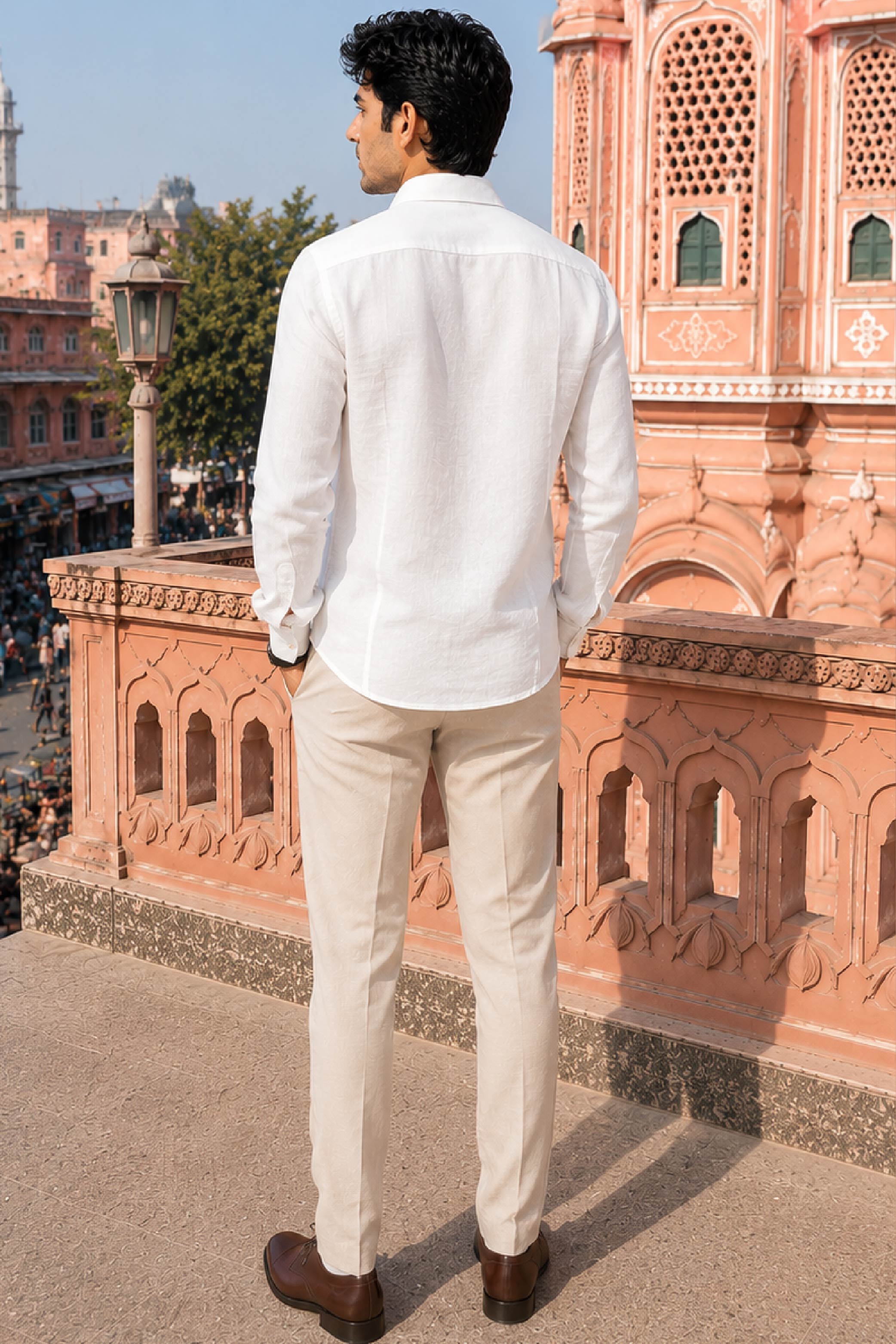 Cream Linen Embroidery Regular Collar Designer FS Shirt for Men