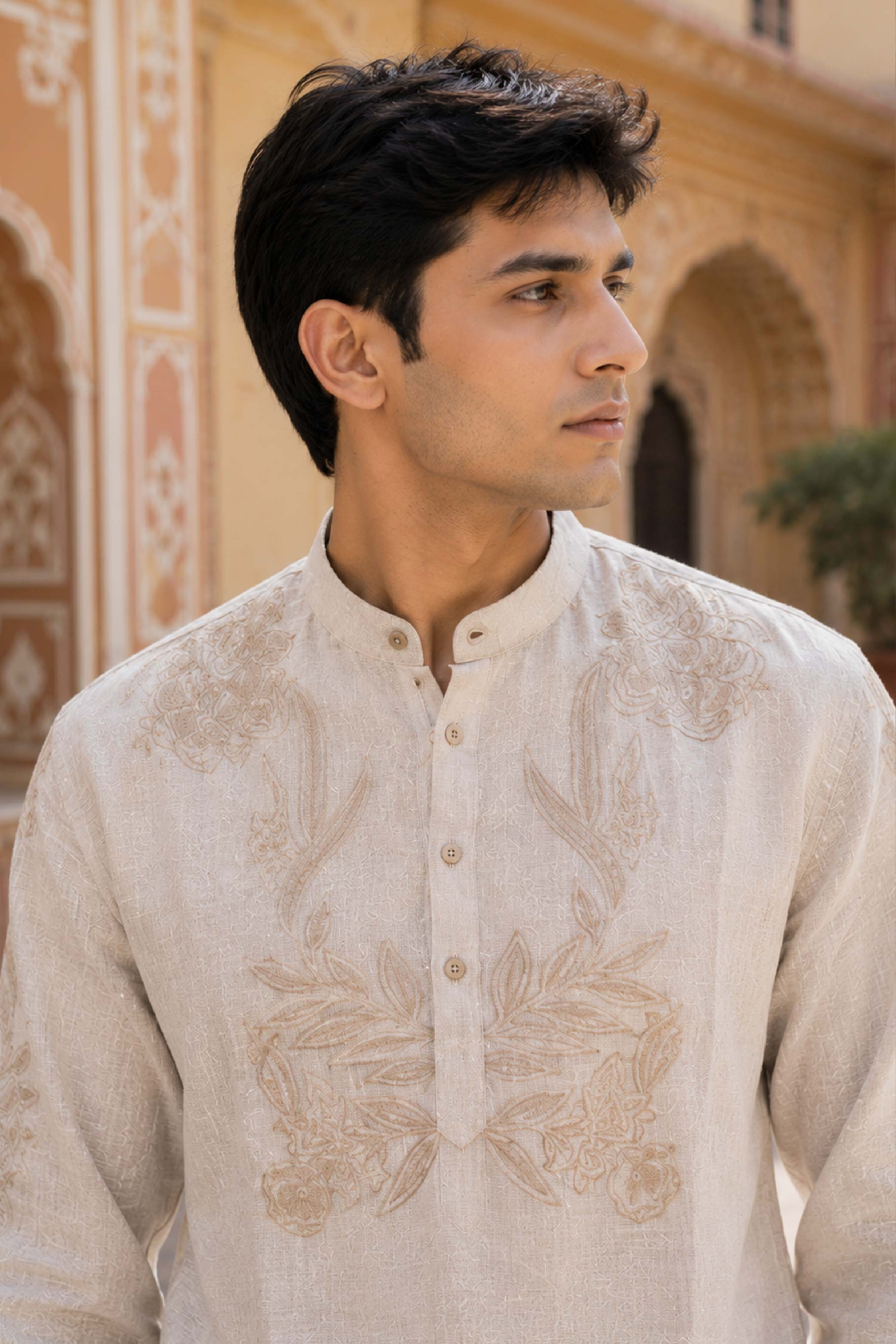 Fawn Linen Fashion Chinese Collar Designer FS Kurta for Men