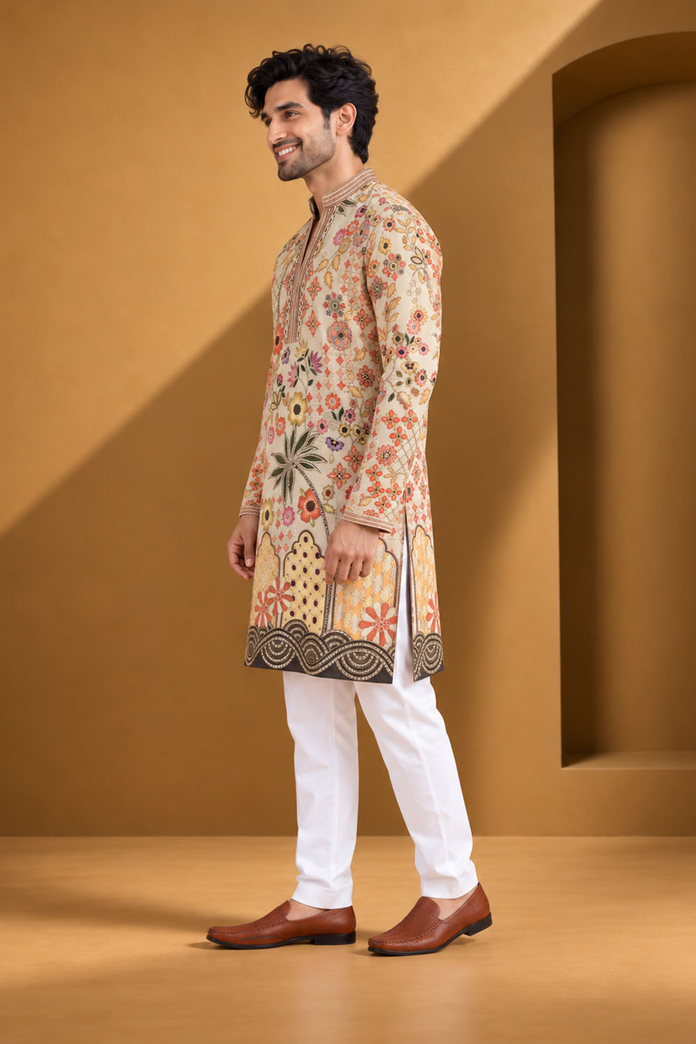 Party Wear Kurta Pajama Cream Multi Color Parallel Pant Style