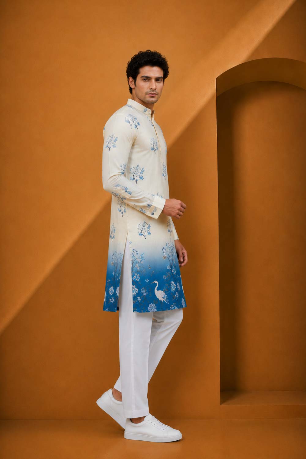 Blue Cotton Print Jodhpuri Designer Summer Suit for Men