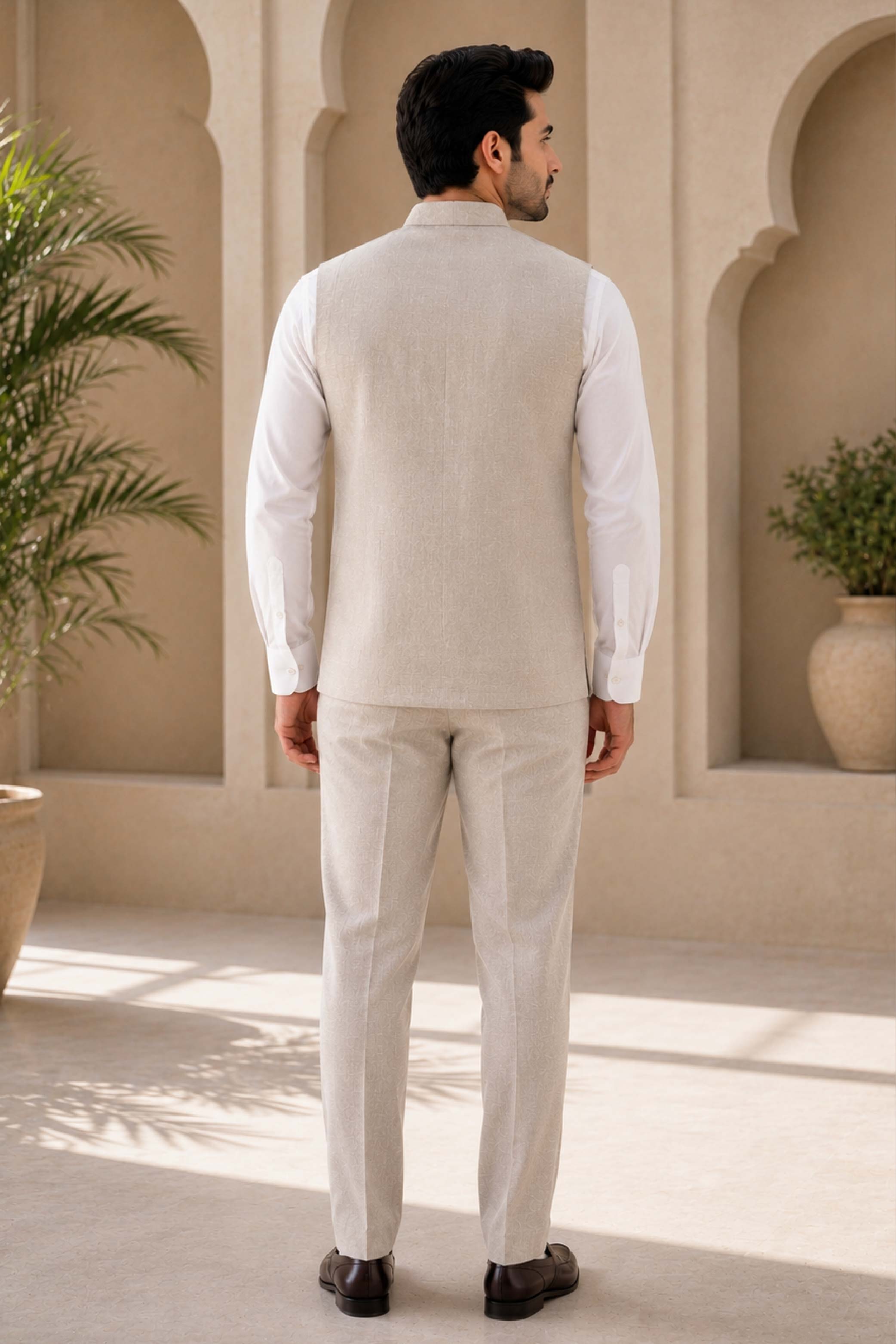 Fawn Jute Linen Plain Jodhpuri Designer Summer Suit for Men
