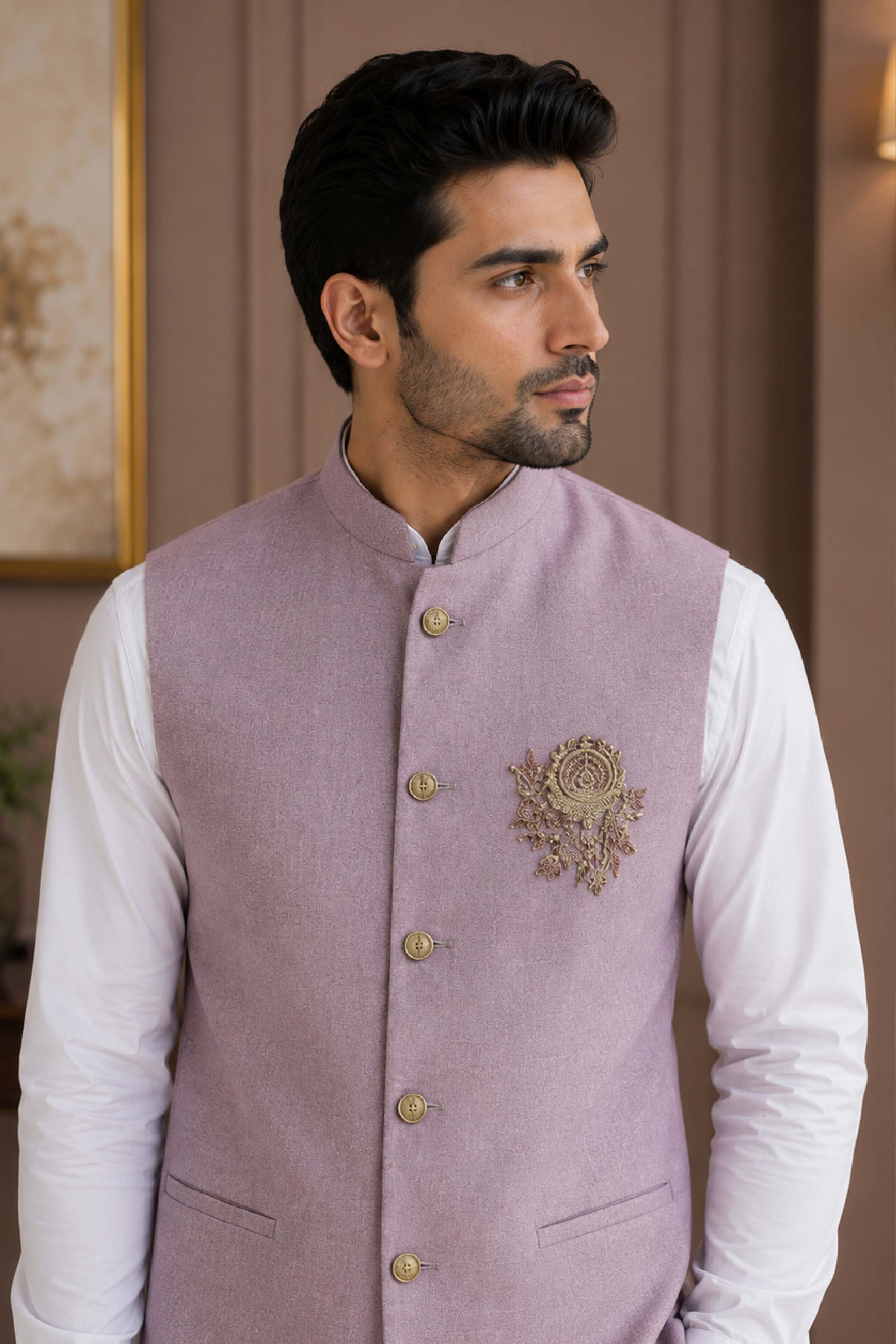 Peach Jute Linen Plain Jodhpuri Designer Summer Suit for Men