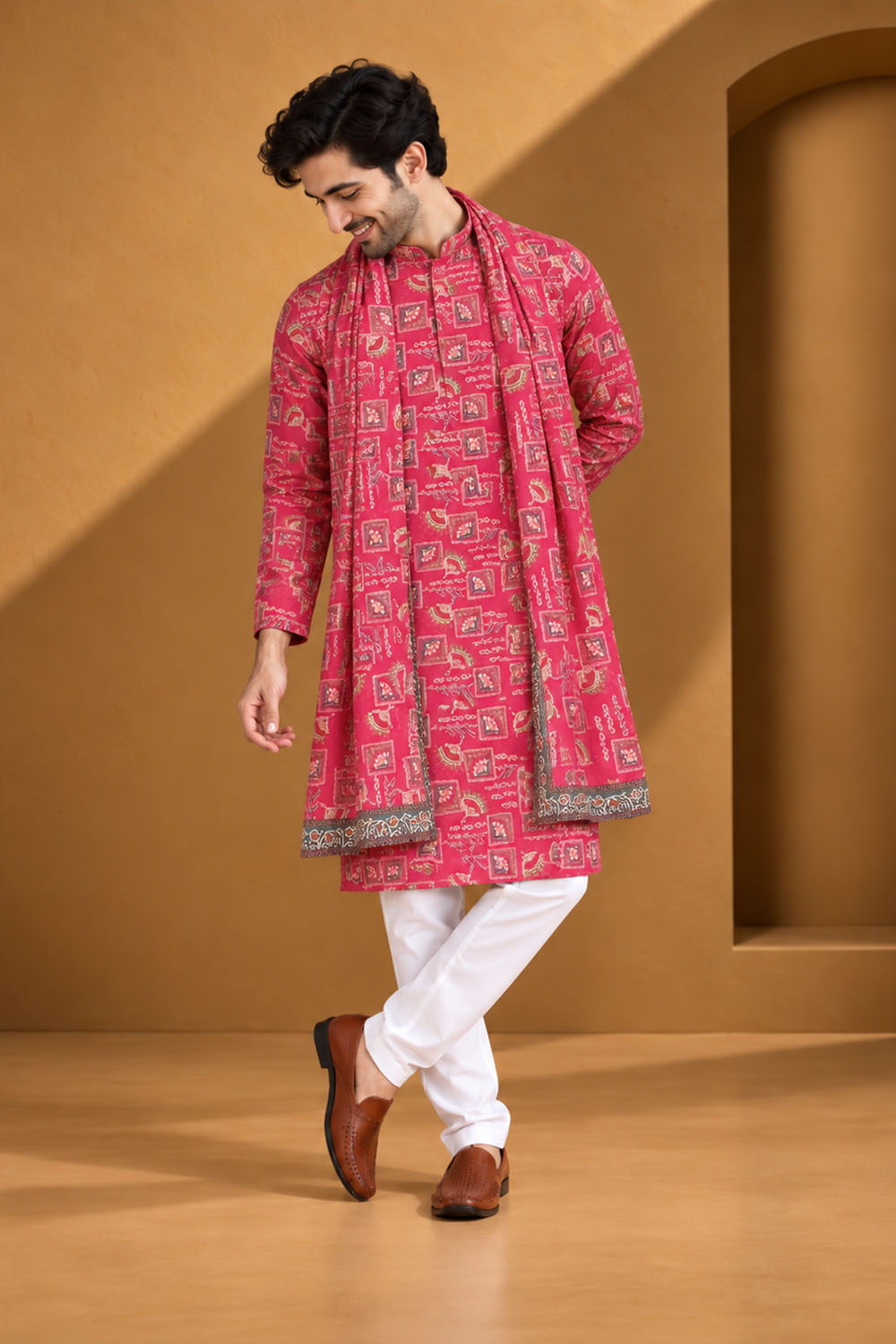 Party Wear Kurta Pajama in Rani Embroidery with Dupatta