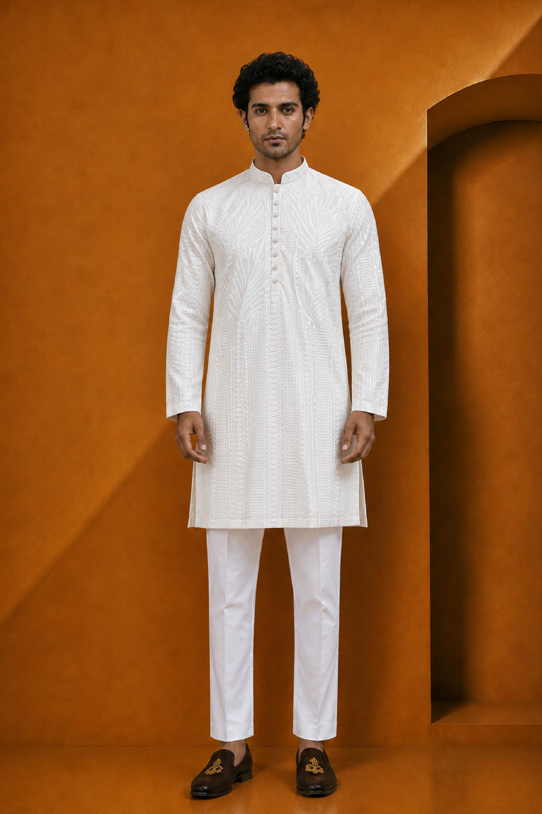 White Lakhnavi Print Kurta Pajama Set