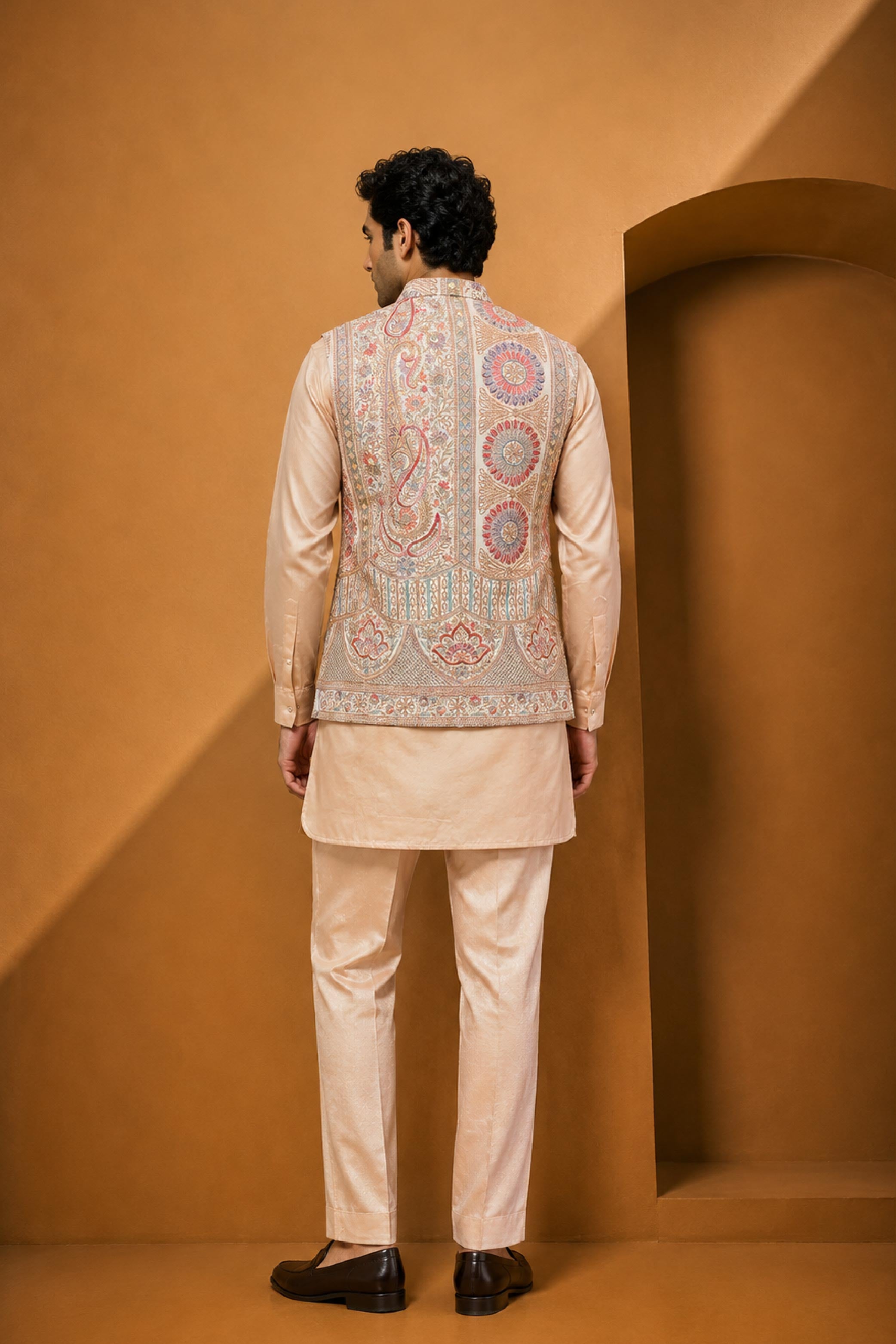 Cream Multi Silk Embroidery Jodhpuri Designer Jacket Kurta Set for Men