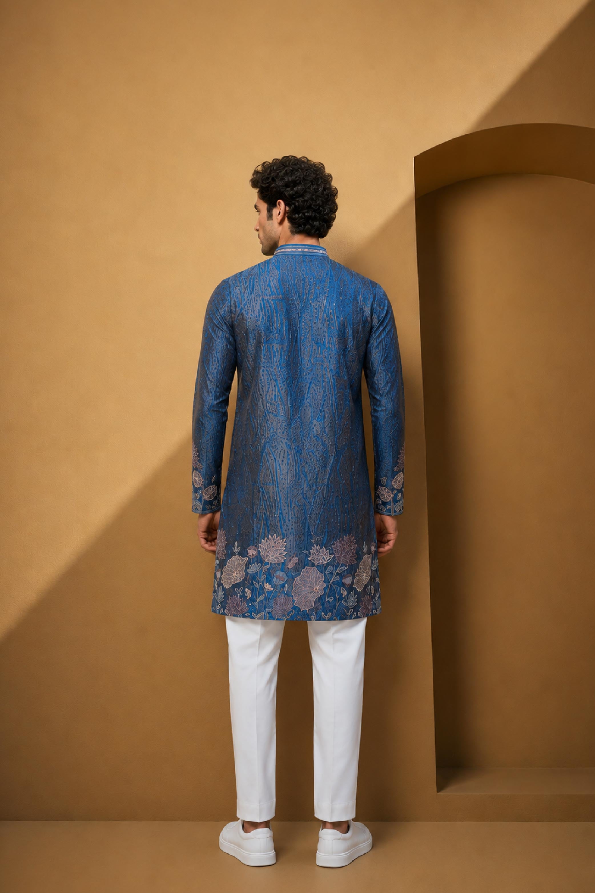 Blue Velvet Embroidery V Neck Designer Kurta Pajama Set for Men