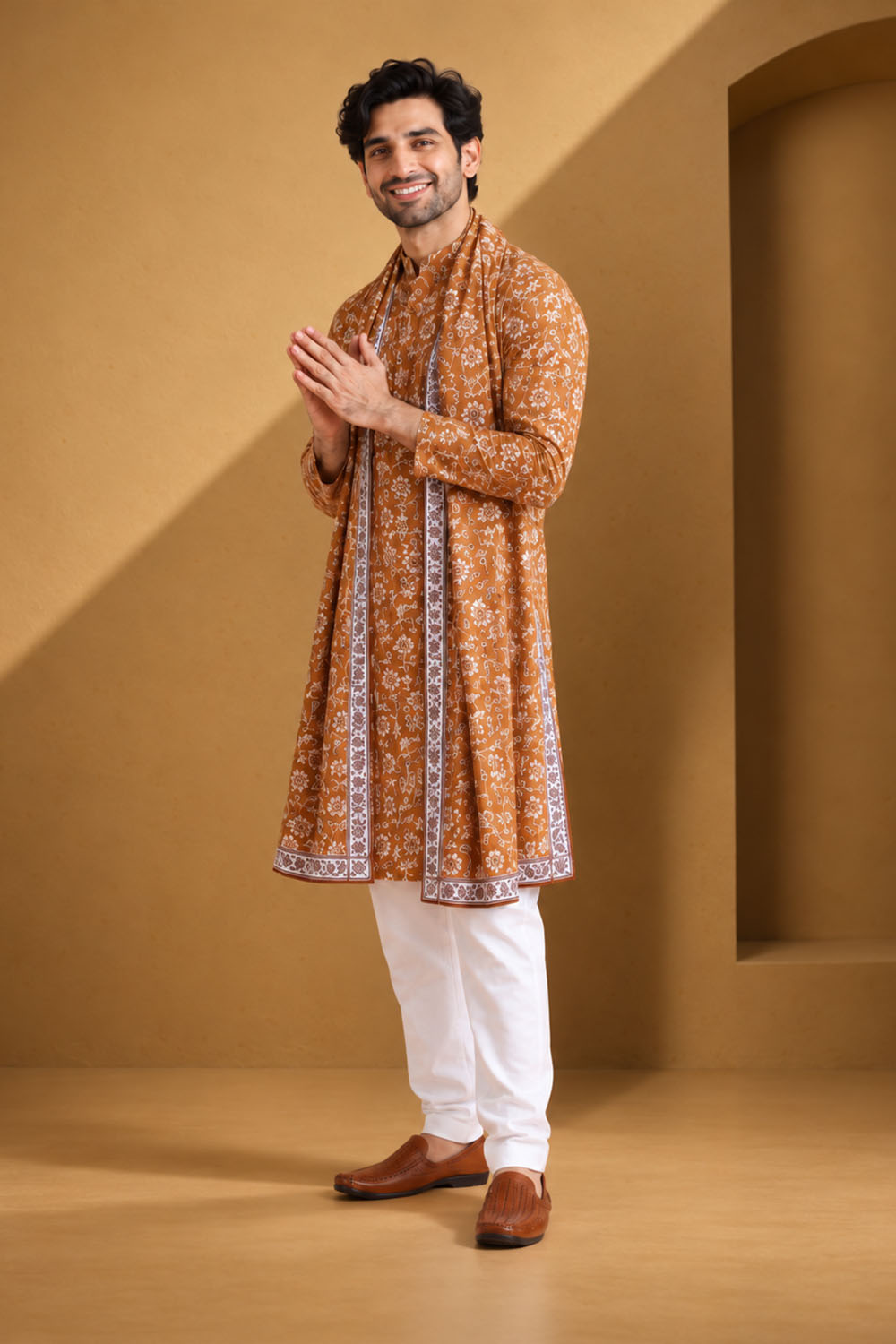 Party Wear Kurta Pajama in Rust with Dupatta
