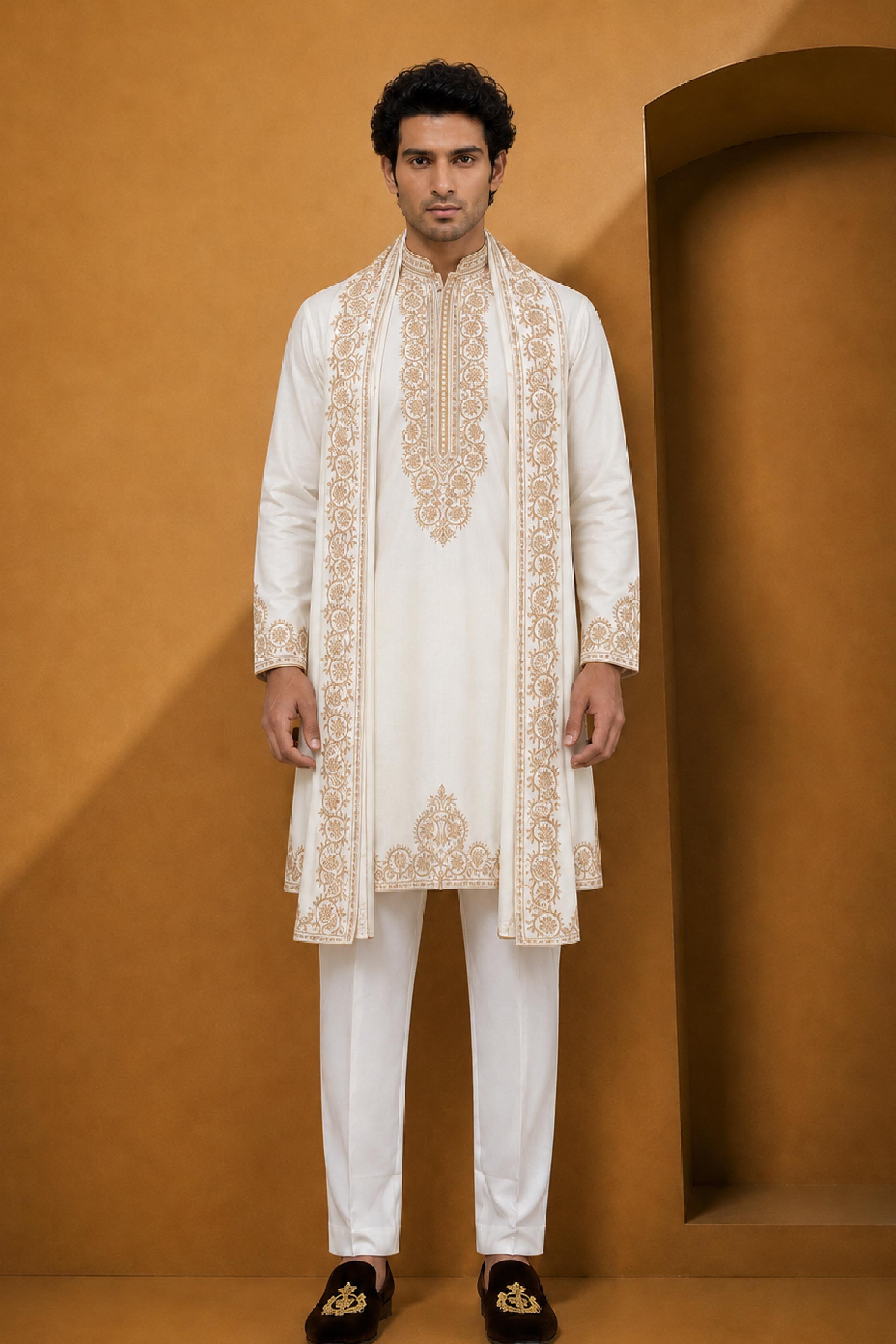 Cream Polynosic Embroidered Kurta Pajama Set with Dupatta