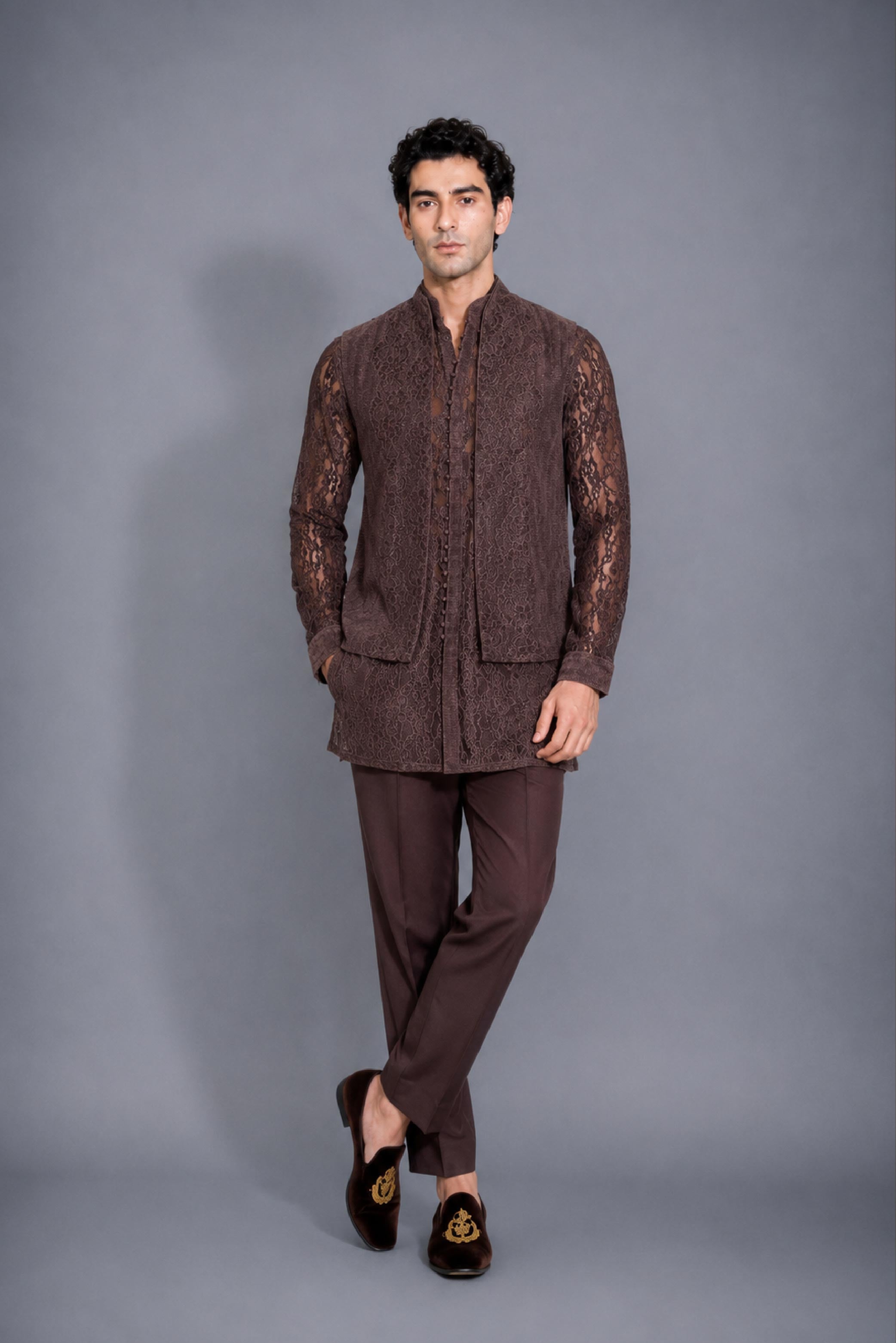 Brown Velvet Embroidery Jodhpuri Designer Summer Suit for Men