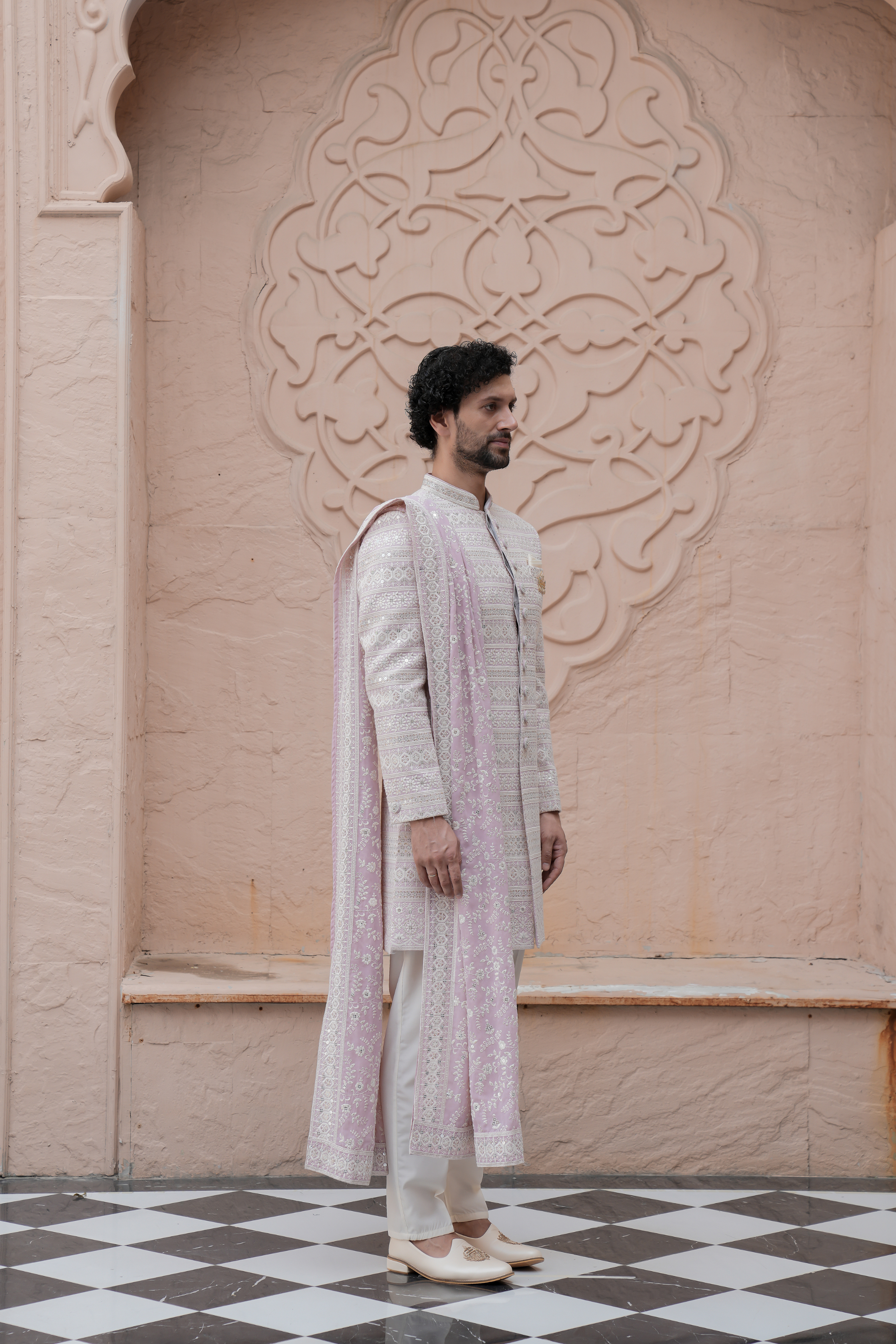 Peach Color Lakhnavi Indo Western Set for Men