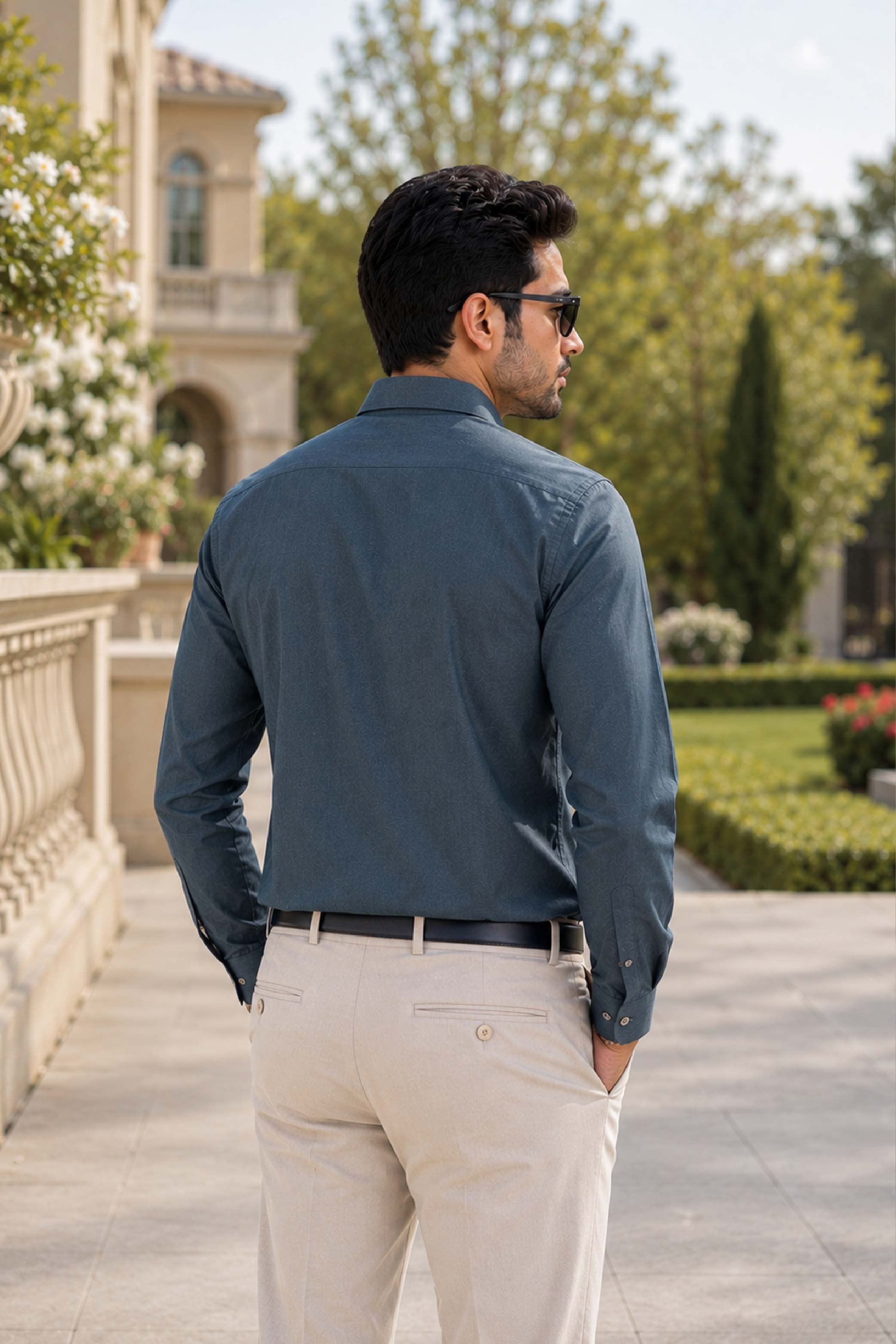 Green Linen Embroidery Regular Collar Designer FS Shirt for Men