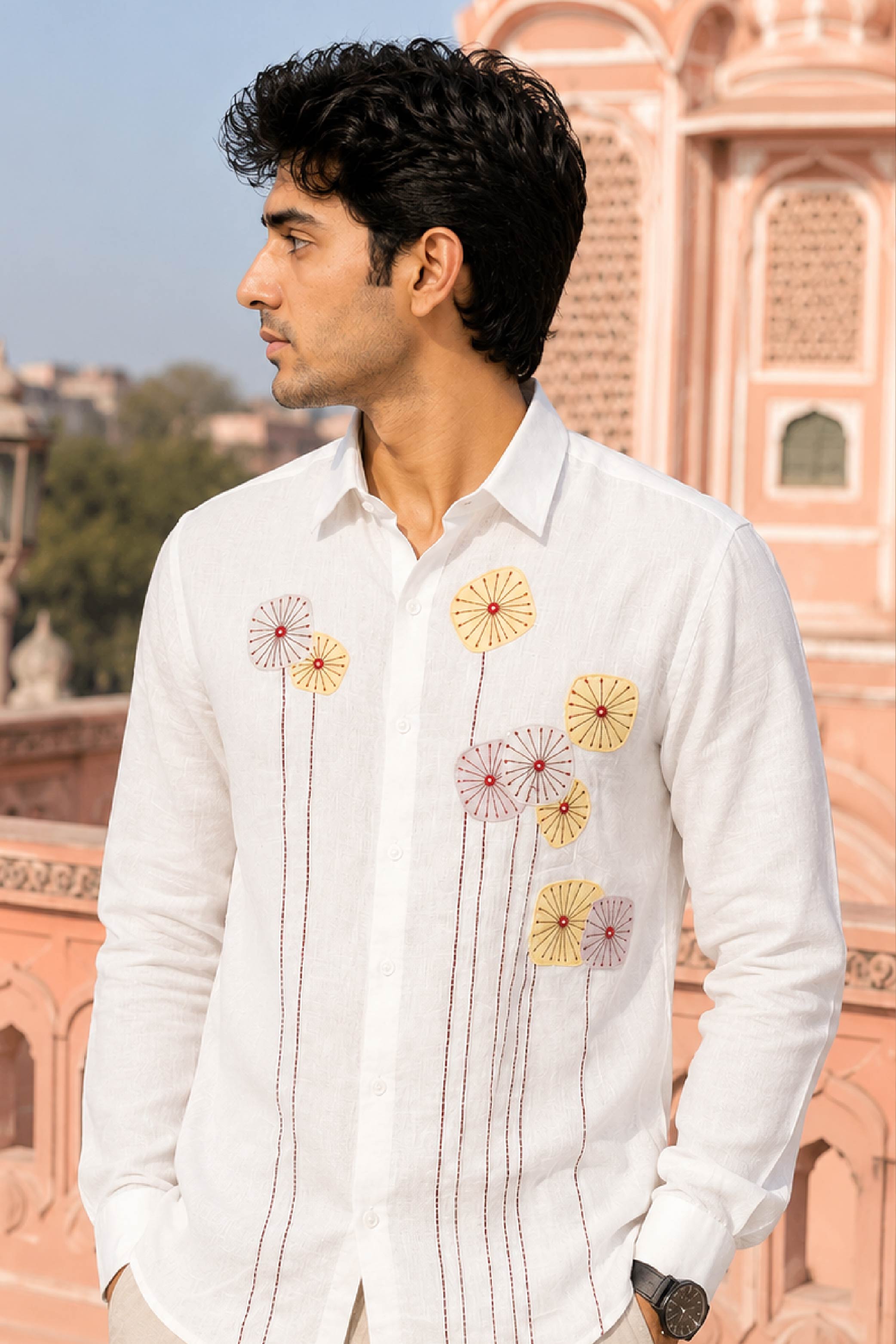 Cream Linen Embroidery Regular Collar Designer FS Shirt for Men